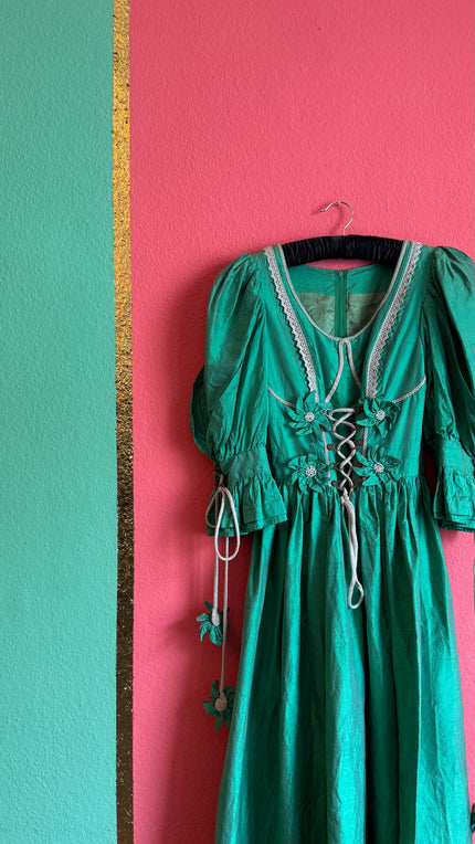 Vintage 1980s Emerald Green Silk Tracht Dress