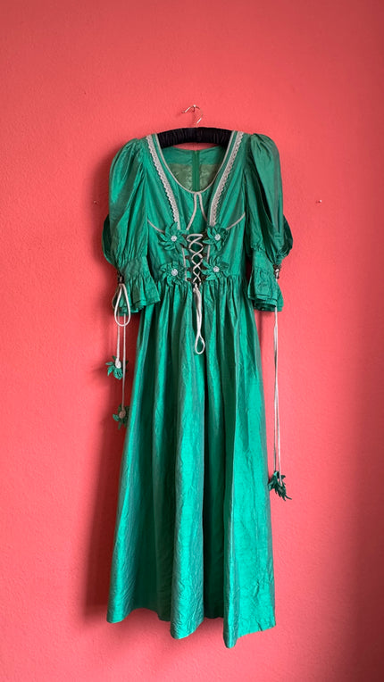 Vintage 1980s Emerald Green Silk Tracht Dress