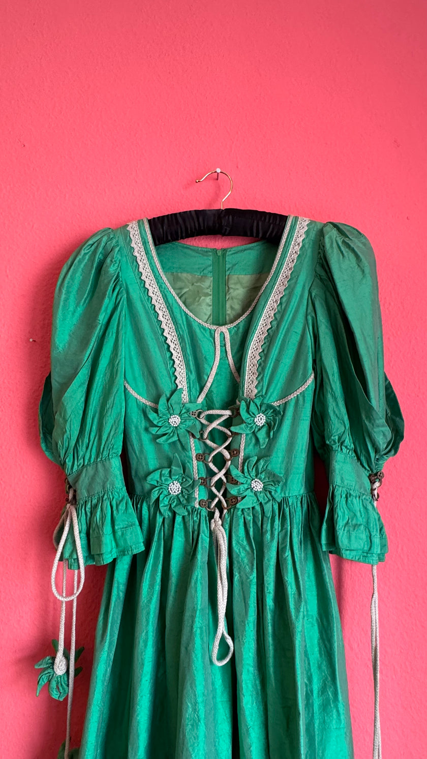 Vintage 1980s Emerald Green Silk Tracht Dress