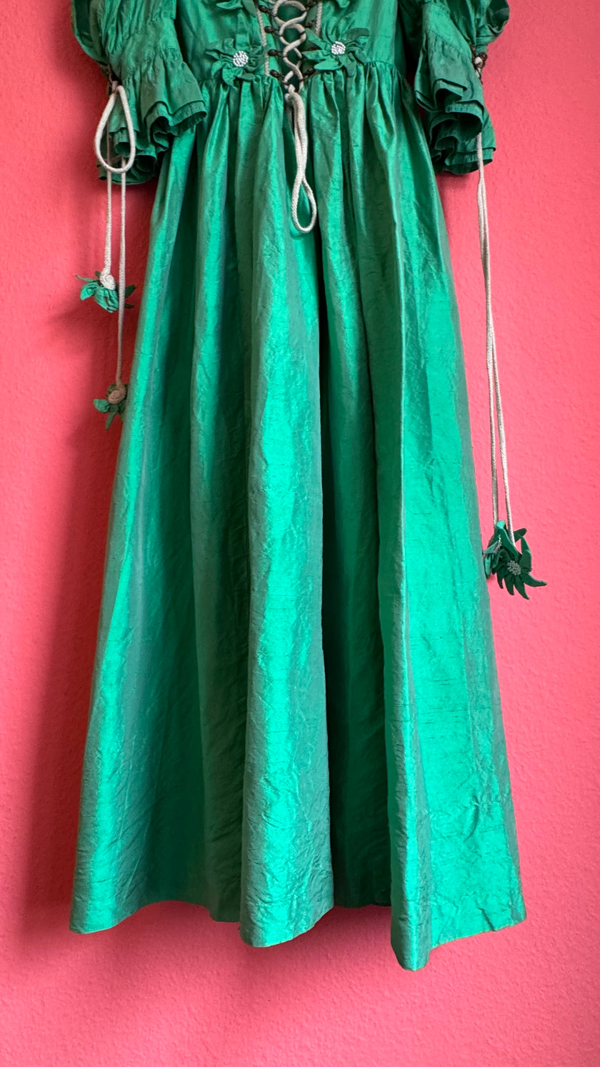 Vintage 1980s Emerald Green Silk Tracht Dress