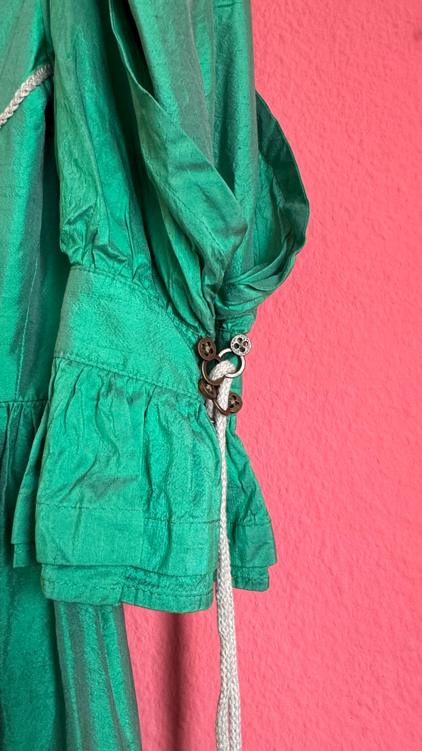 Vintage 1980s Emerald Green Silk Tracht Dress