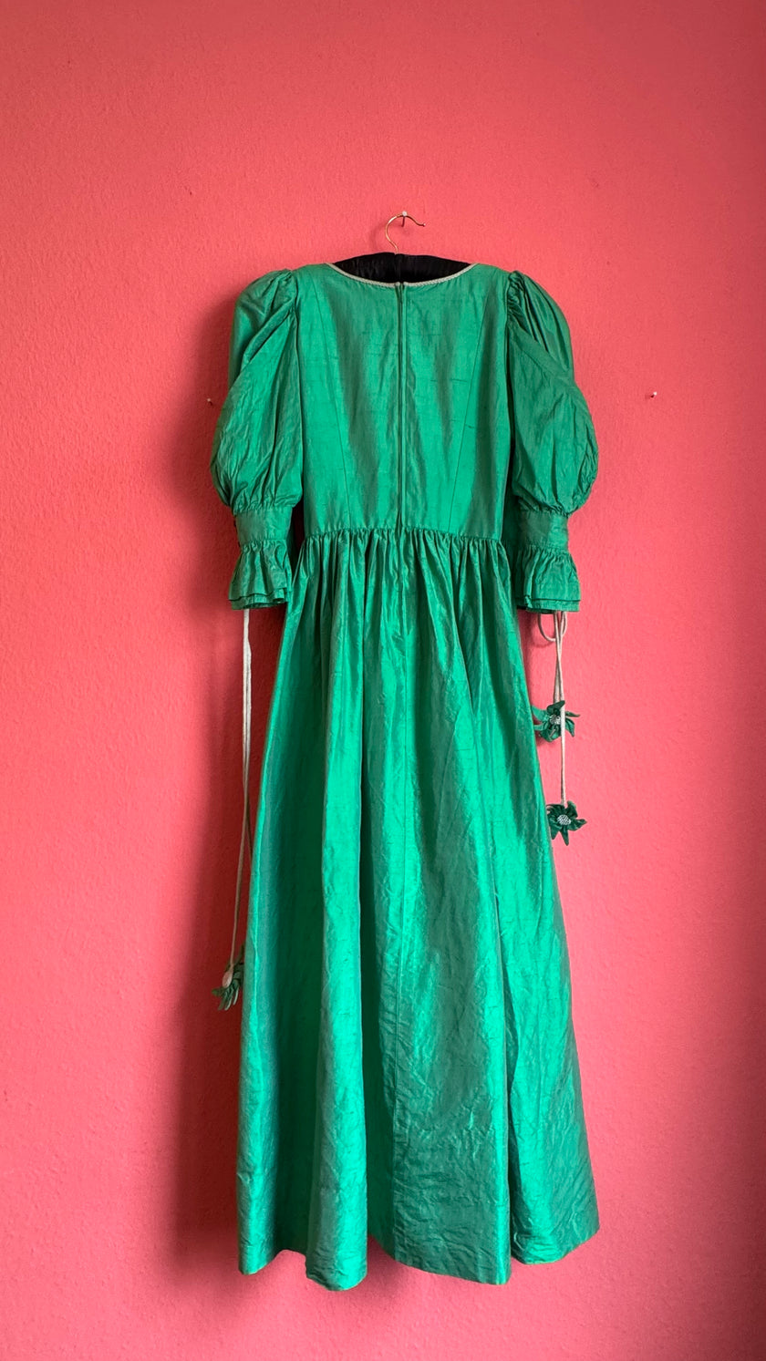 Vintage 1980s Emerald Green Silk Tracht Dress