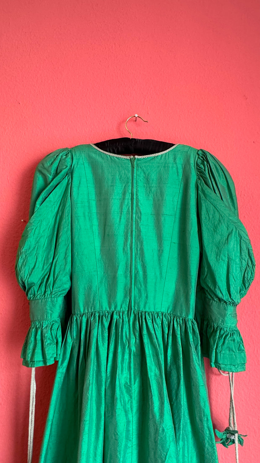 Vintage 1980s Emerald Green Silk Tracht Dress
