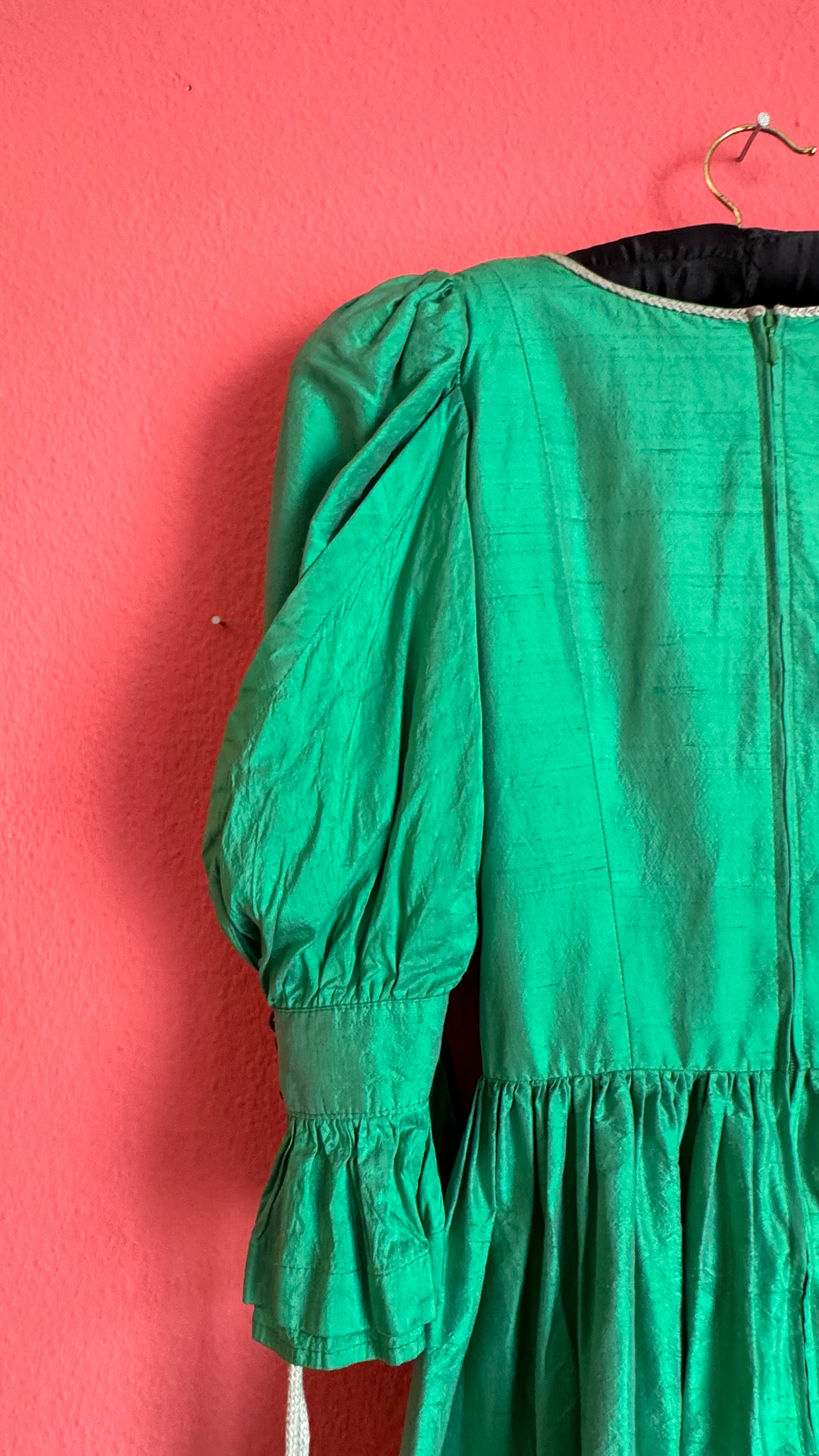 Vintage 1980s Emerald Green Silk Tracht Dress