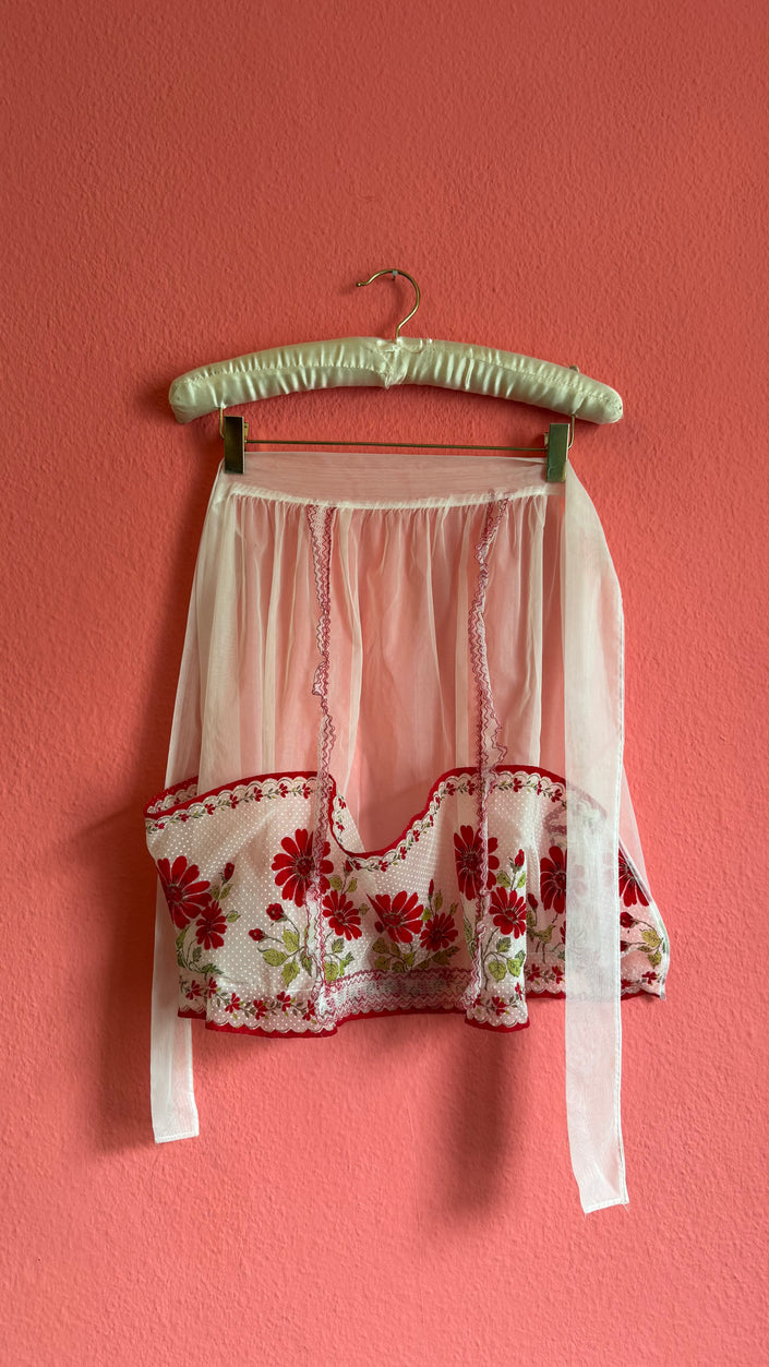 Vintage 1970s Sheer Chiffon Floral Apron