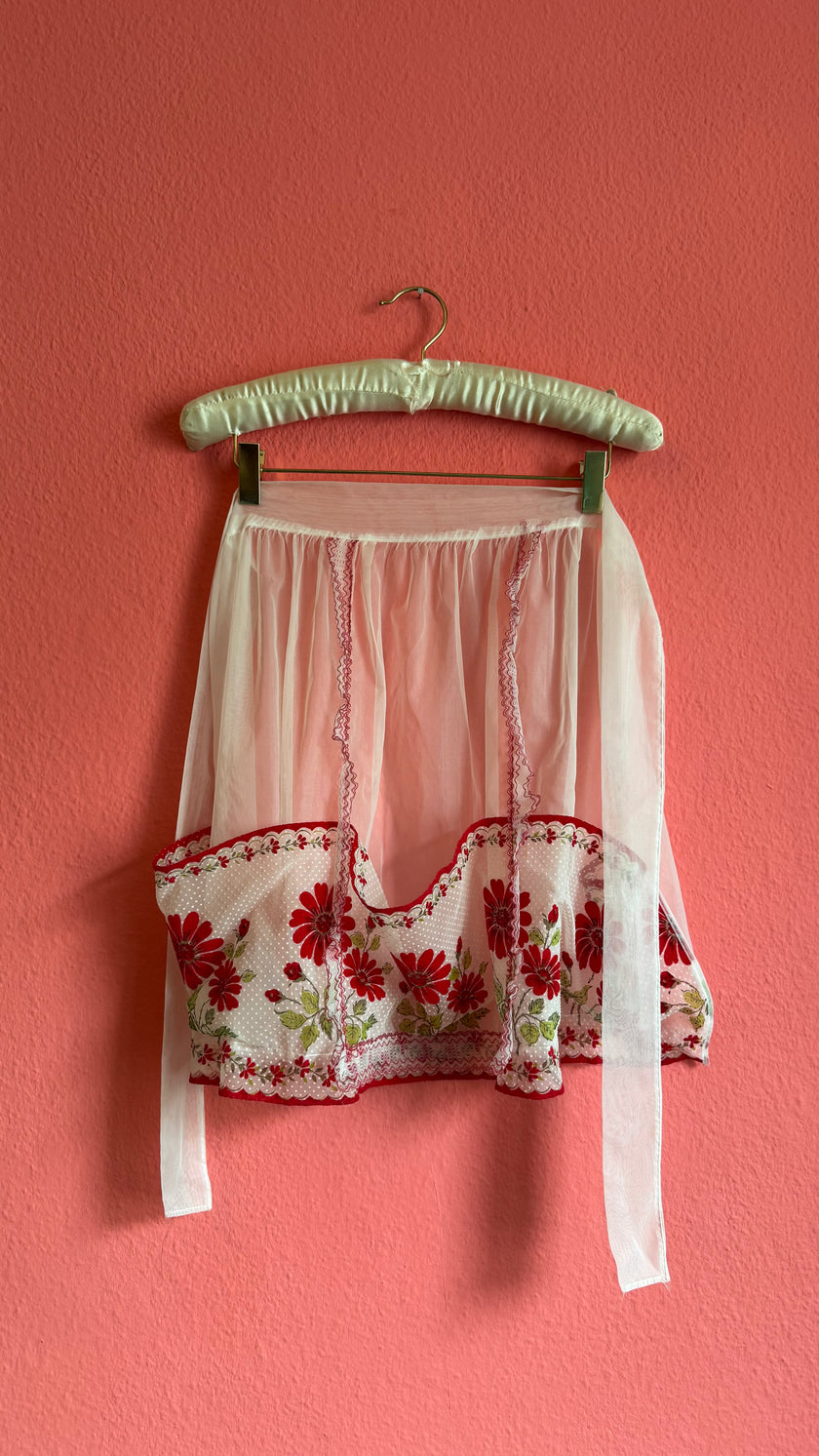 Vintage 1970s Sheer Chiffon Floral Apron