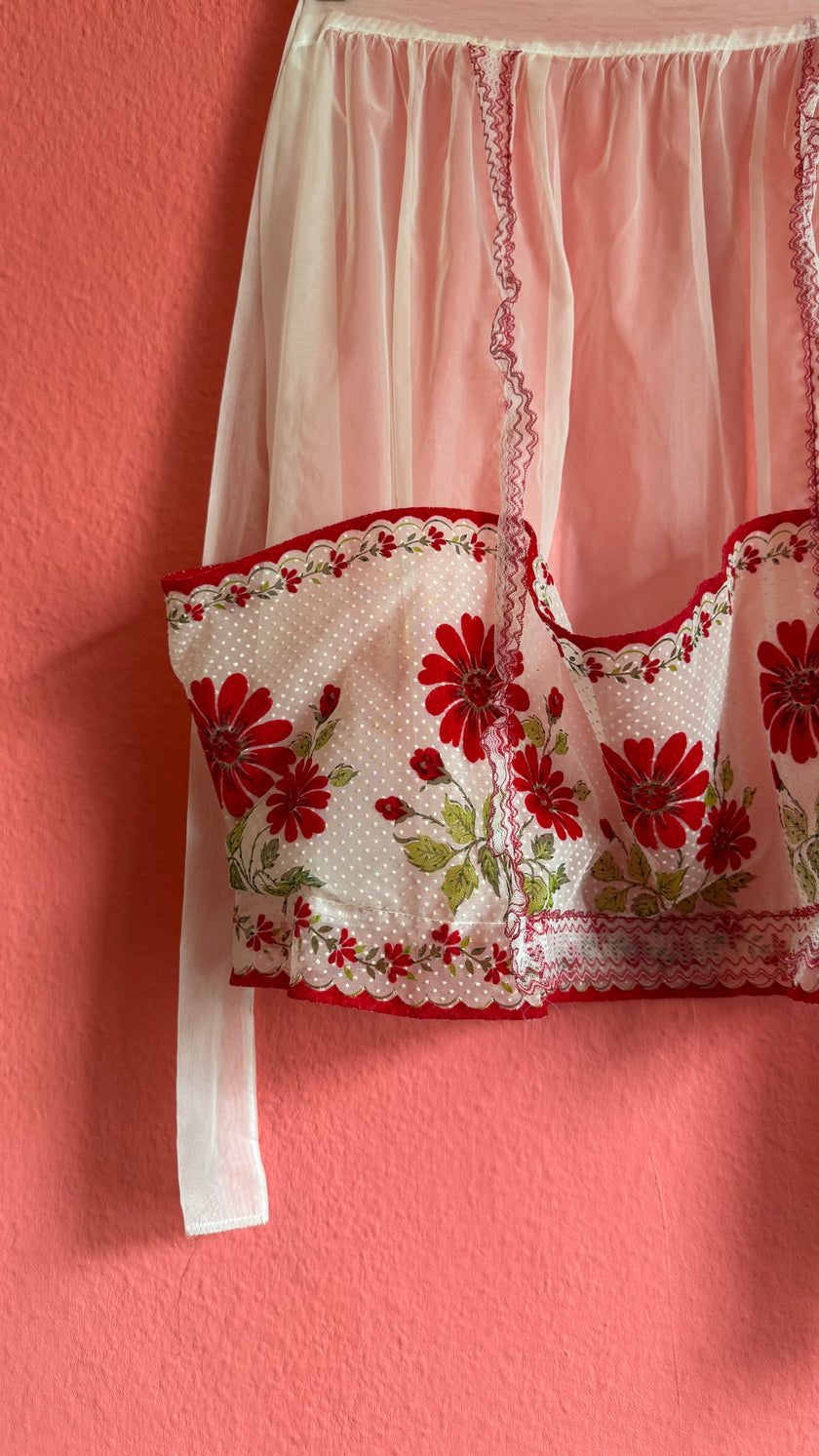 Vintage 1970s Sheer Chiffon Floral Apron