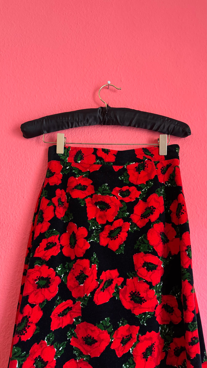 Vintage 1970s Mickhausen Black Velvet Poppy Print Skirt