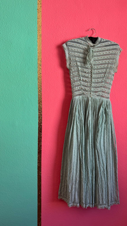 Vintage 1940s Mint Cotton Lace Pearl Dress