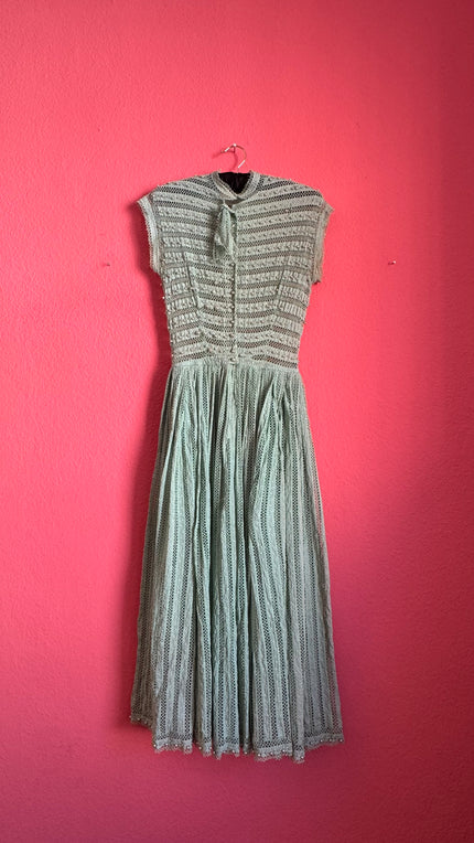 Vintage 1940s Mint Cotton Lace Pearl Dress