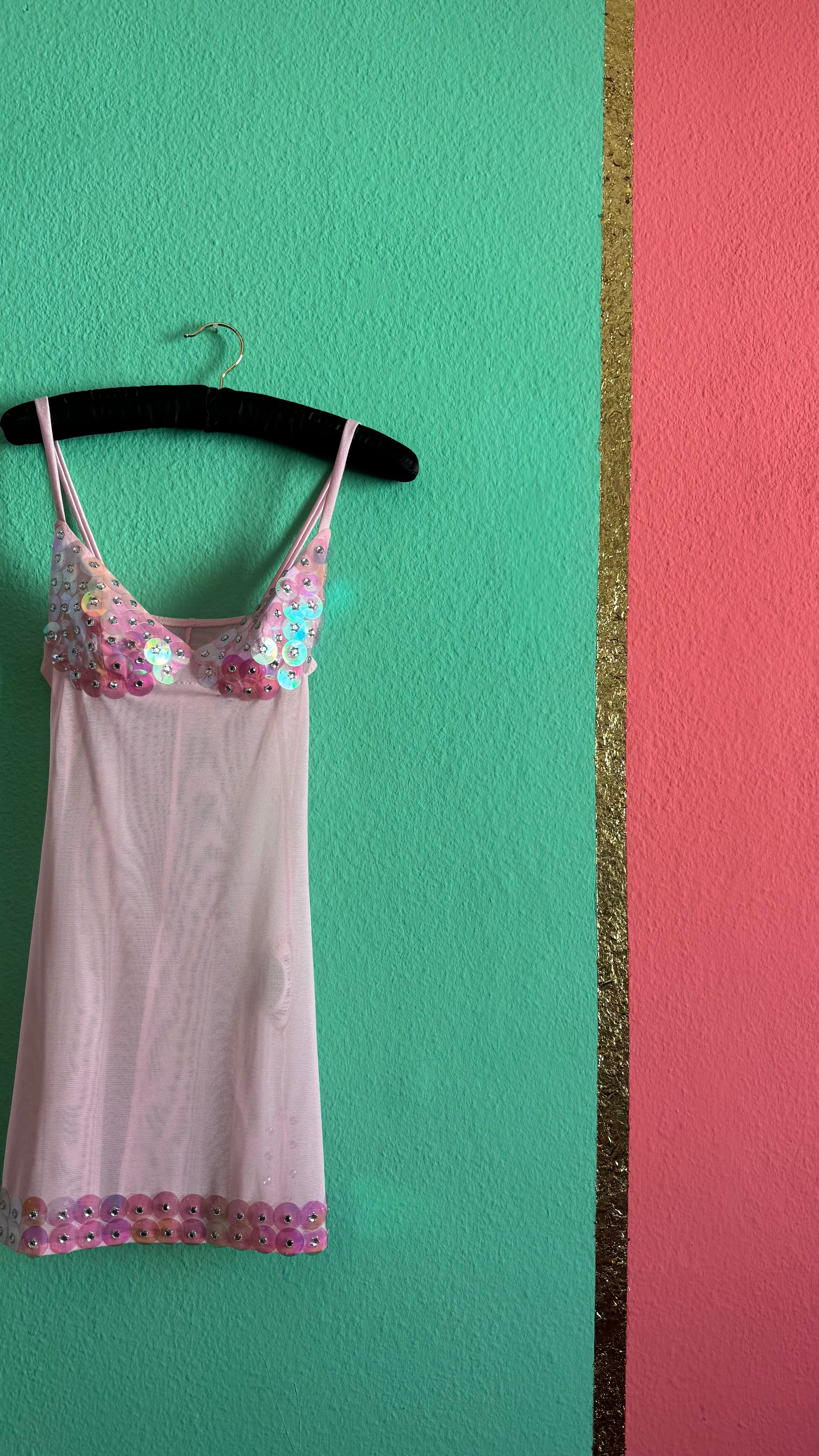 Vintage Estimated 1990s Pink Sequin Mesh Slip Dress