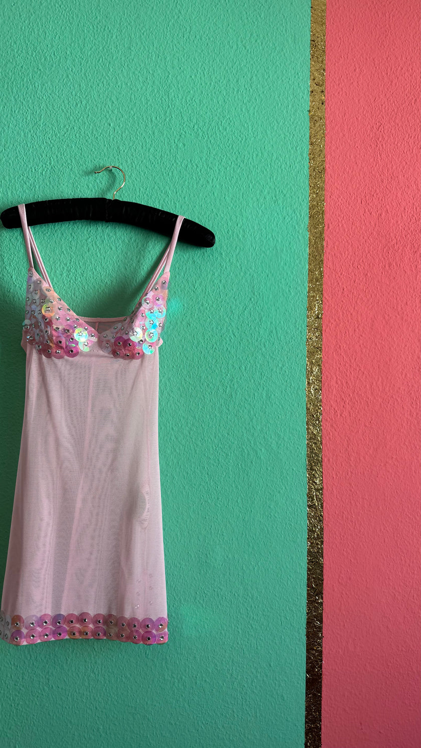 Vintage Estimated 1990s Pink Sequin Mesh Slip Dress