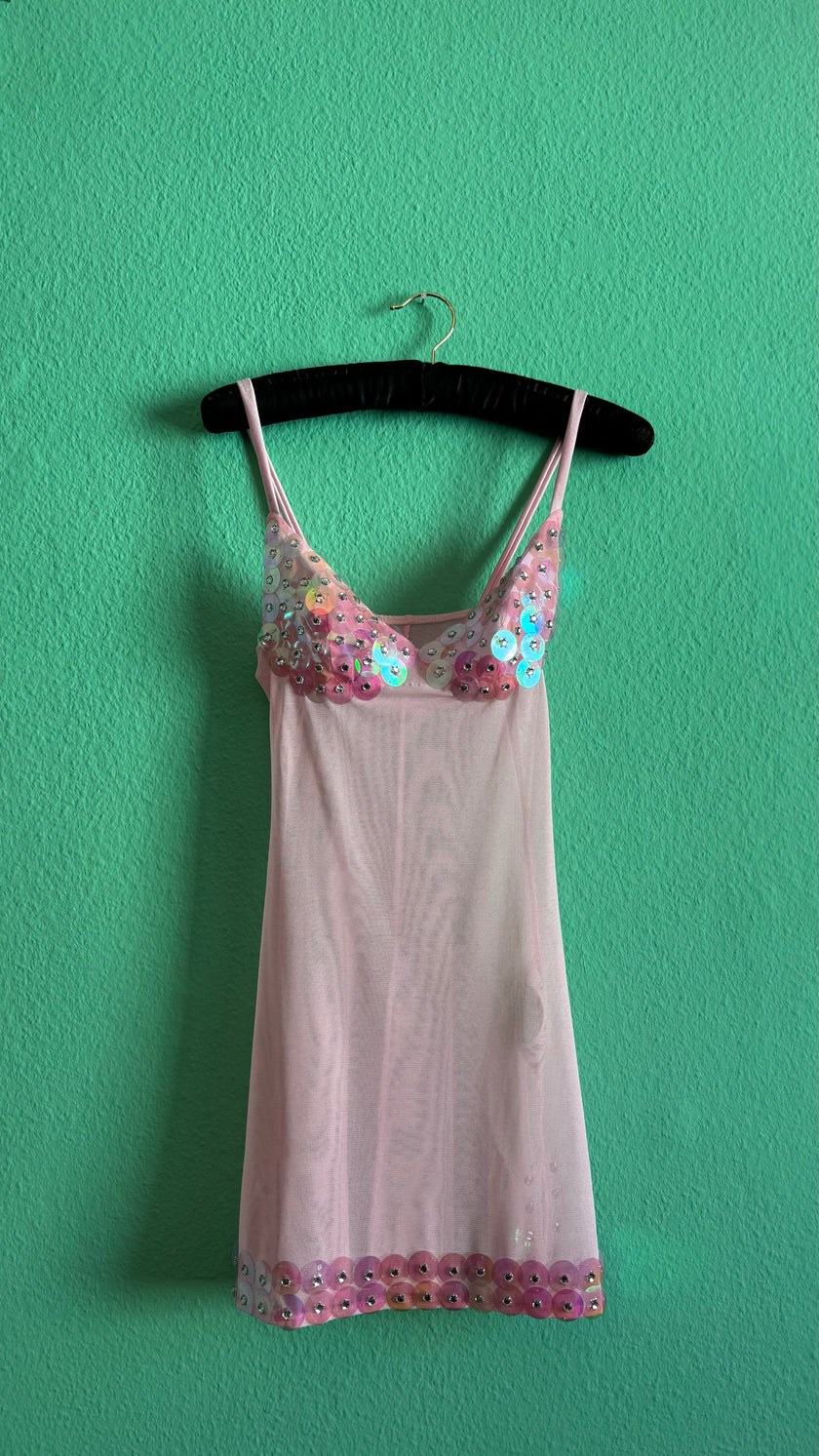 Vintage Estimated 1990s Pink Sequin Mesh Slip Dress