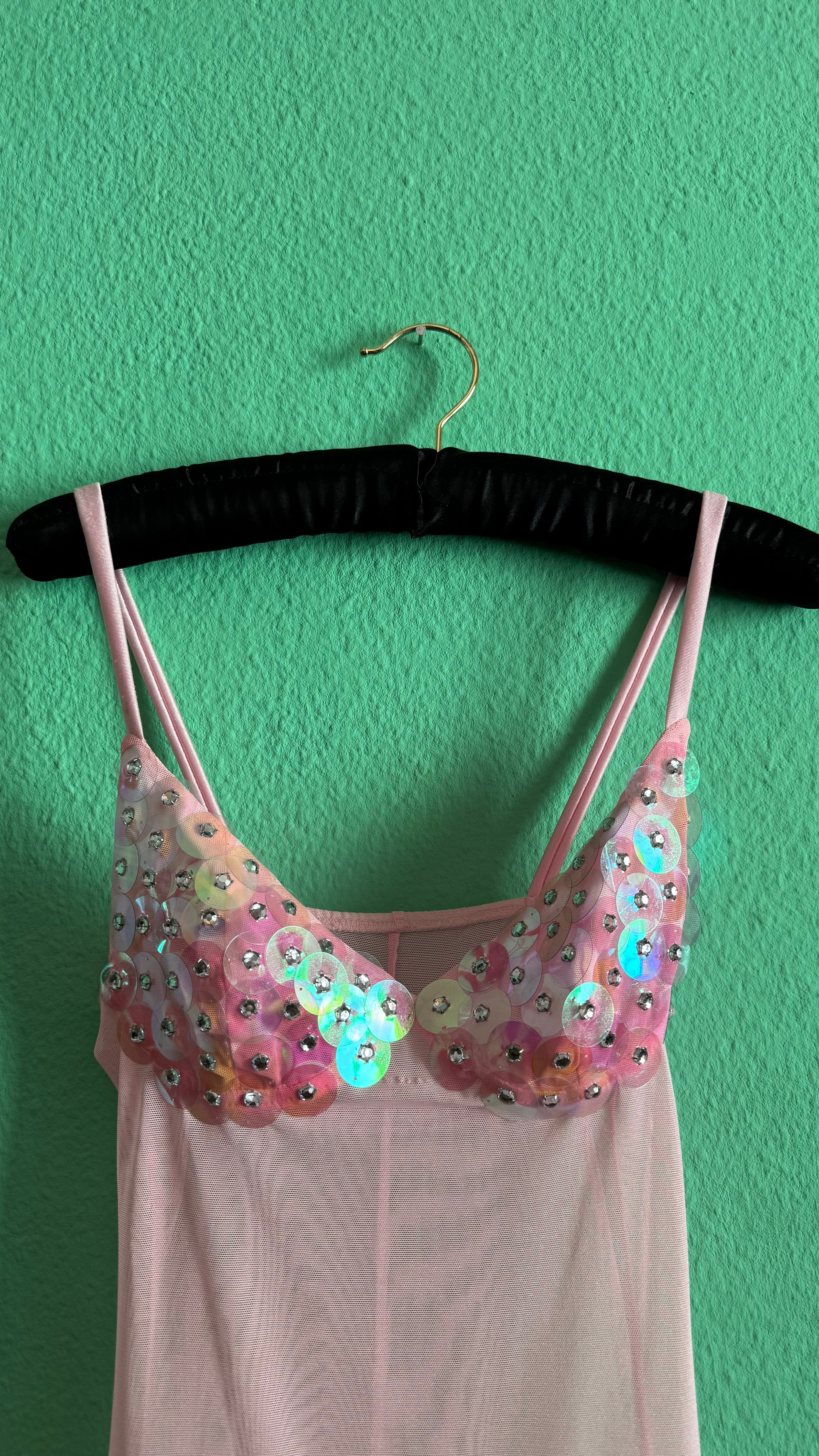 Vintage Estimated 1990s Pink Sequin Mesh Slip Dress