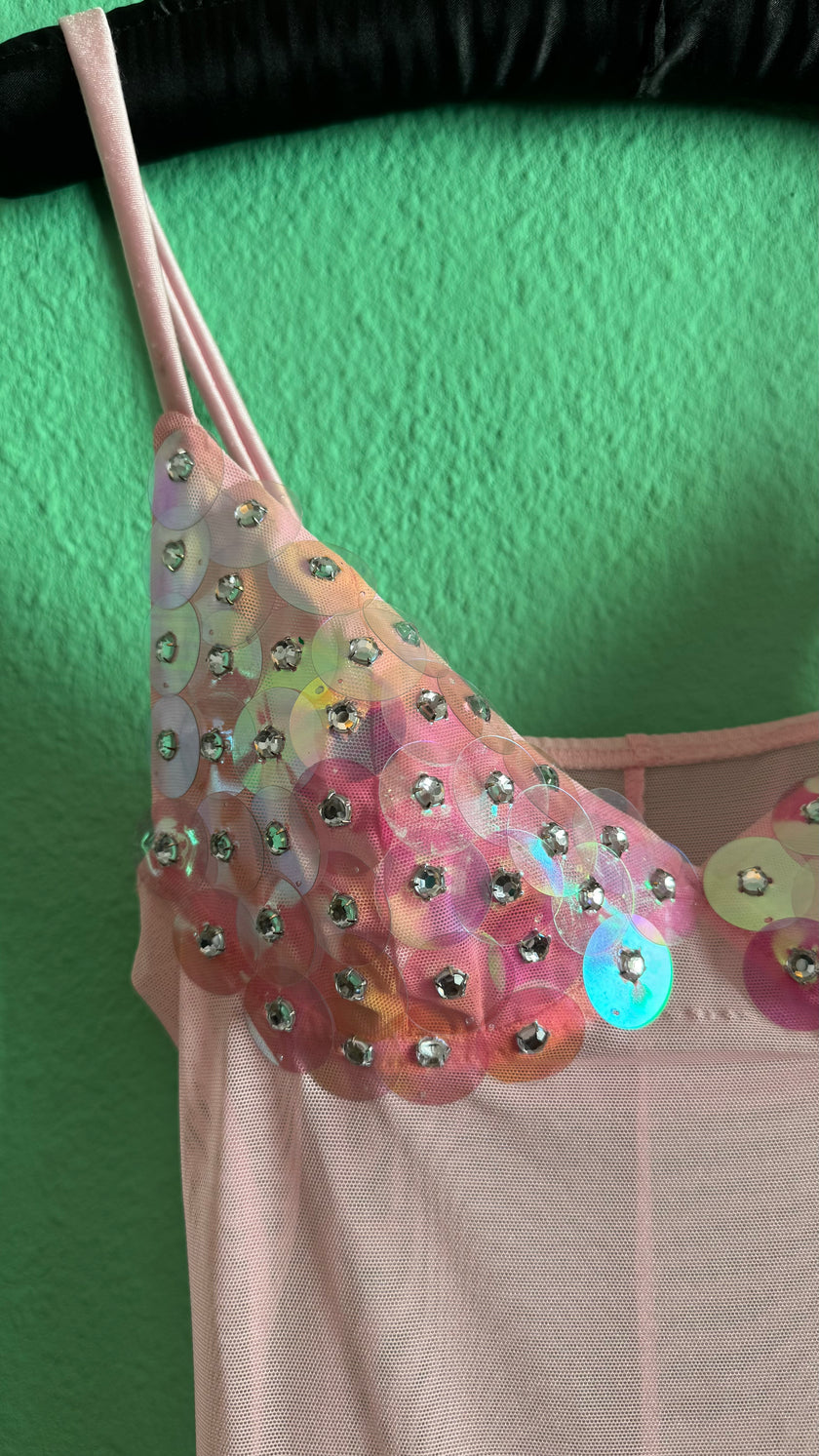 Vintage Estimated 1990s Pink Sequin Mesh Slip Dress