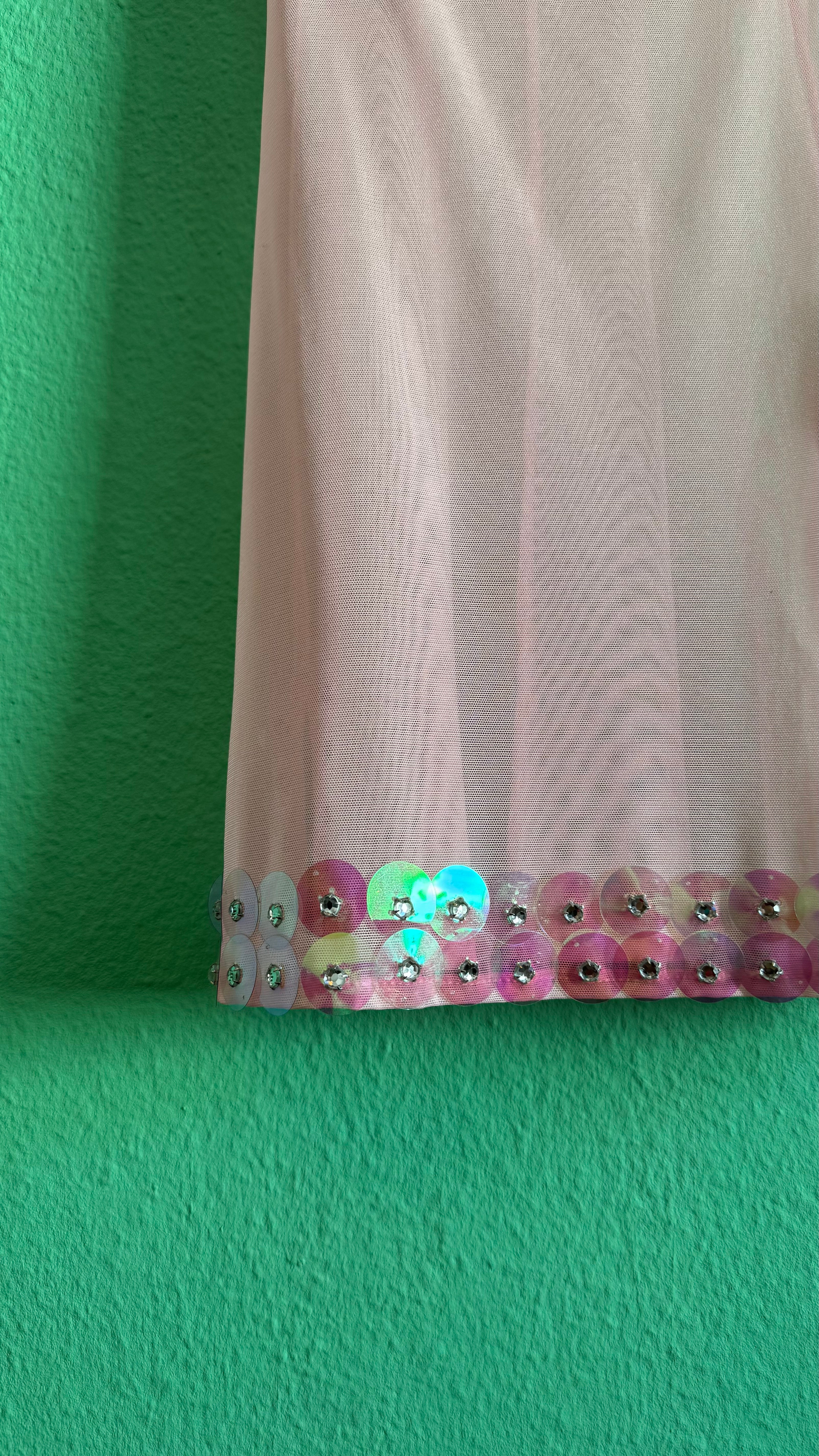 Vintage Estimated 1990s Pink Sequin Mesh Slip Dress