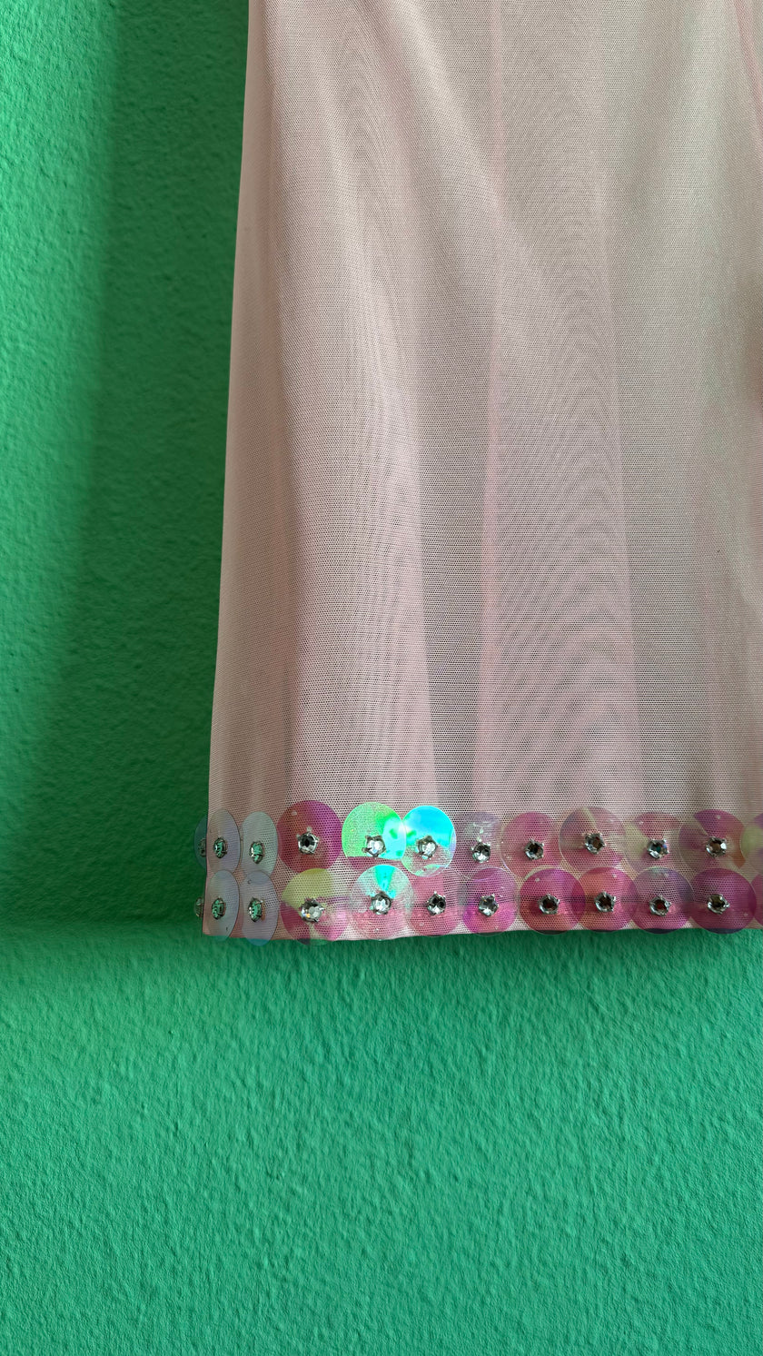 Vintage Estimated 1990s Pink Sequin Mesh Slip Dress