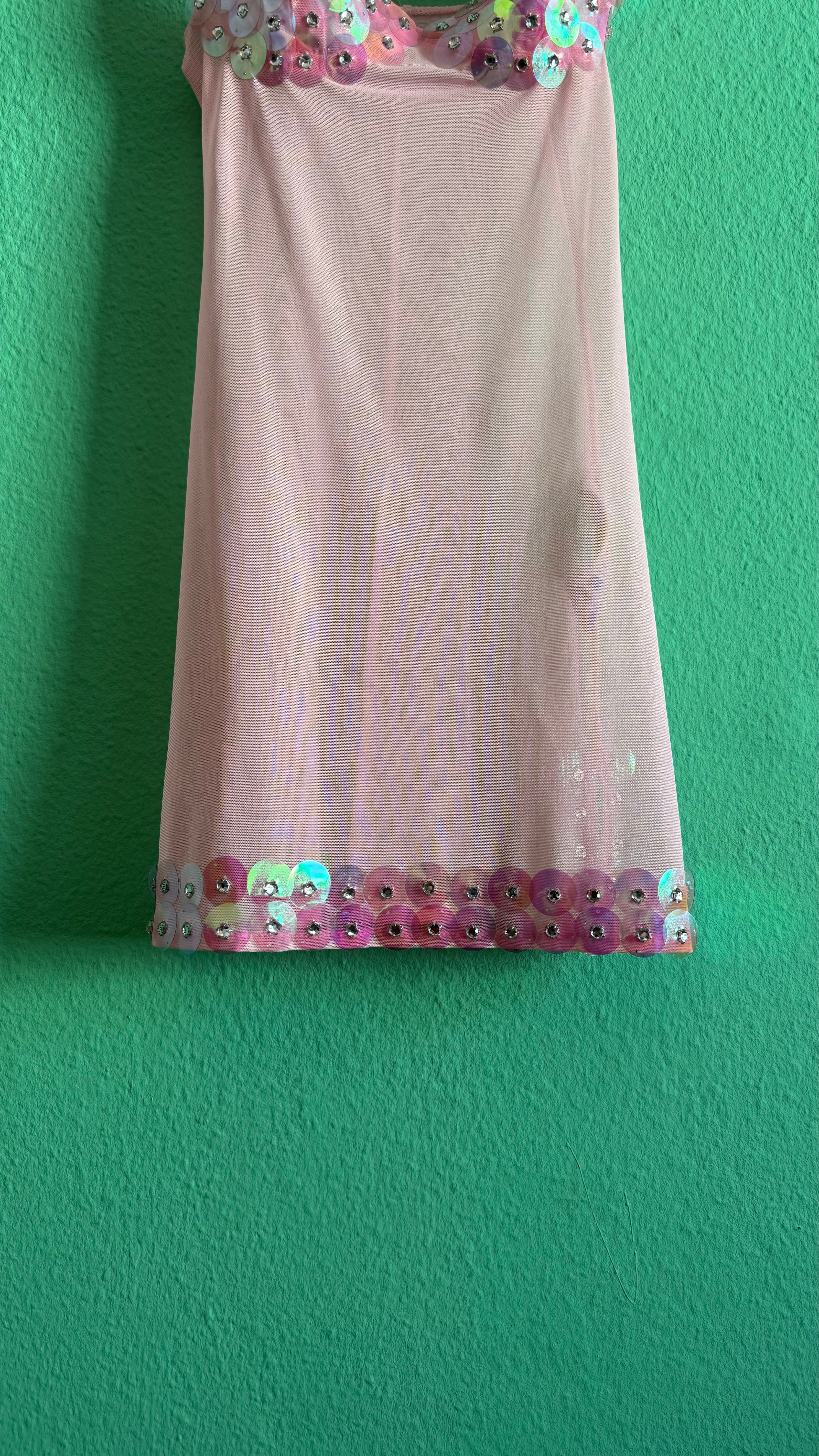 Vintage Estimated 1990s Pink Sequin Mesh Slip Dress