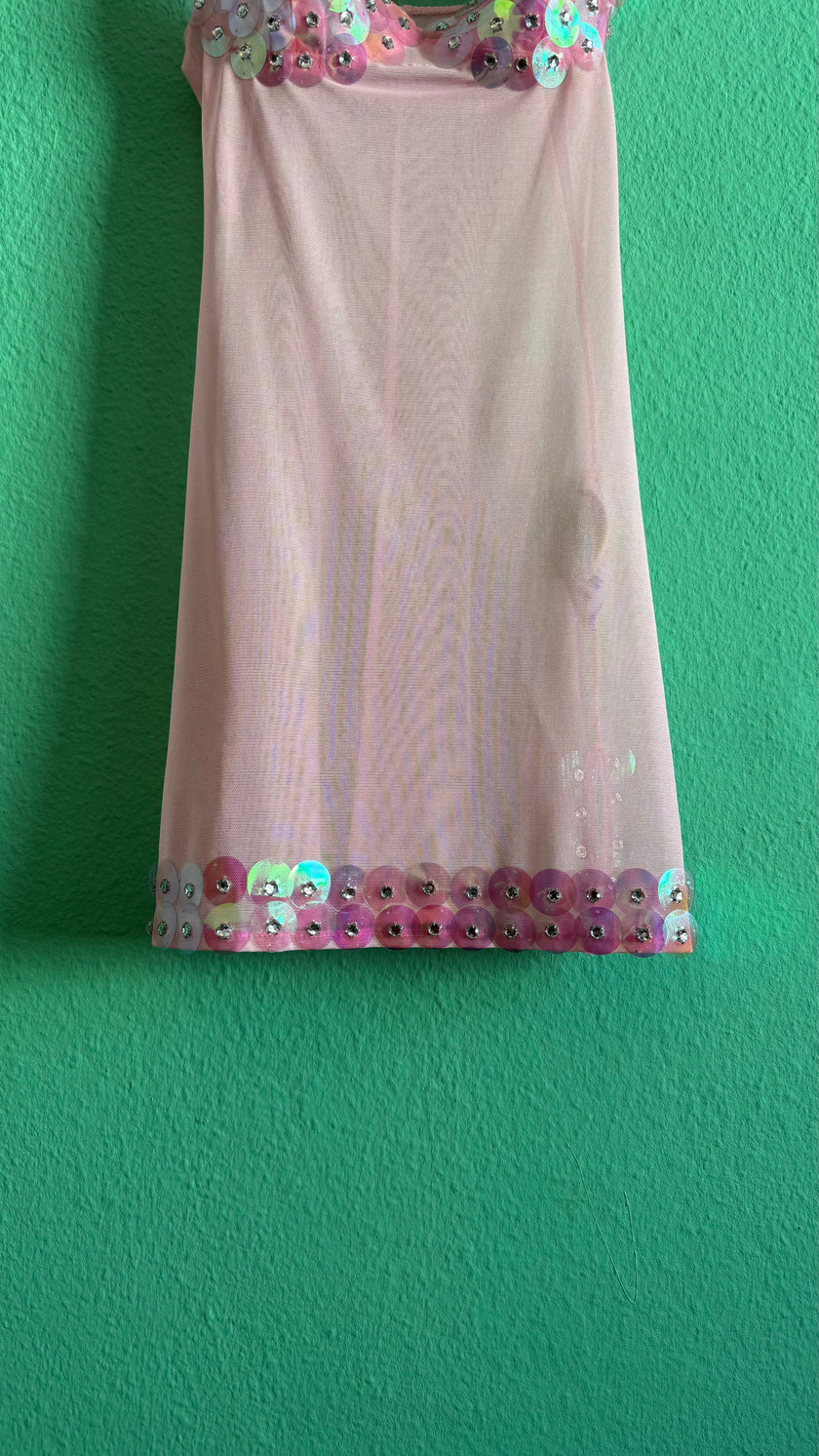 Vintage Estimated 1990s Pink Sequin Mesh Slip Dress