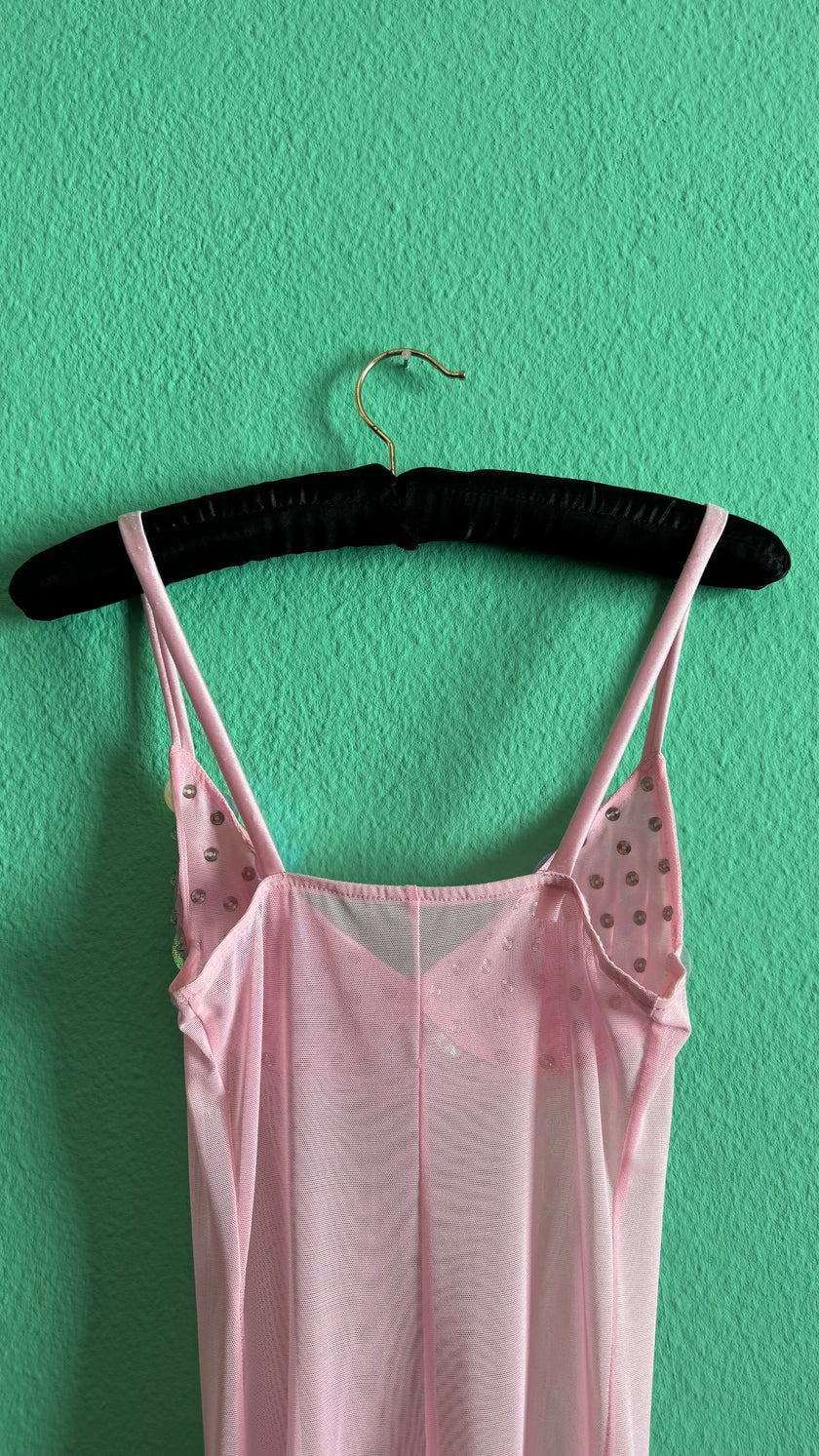 Vintage Estimated 1990s Pink Sequin Mesh Slip Dress
