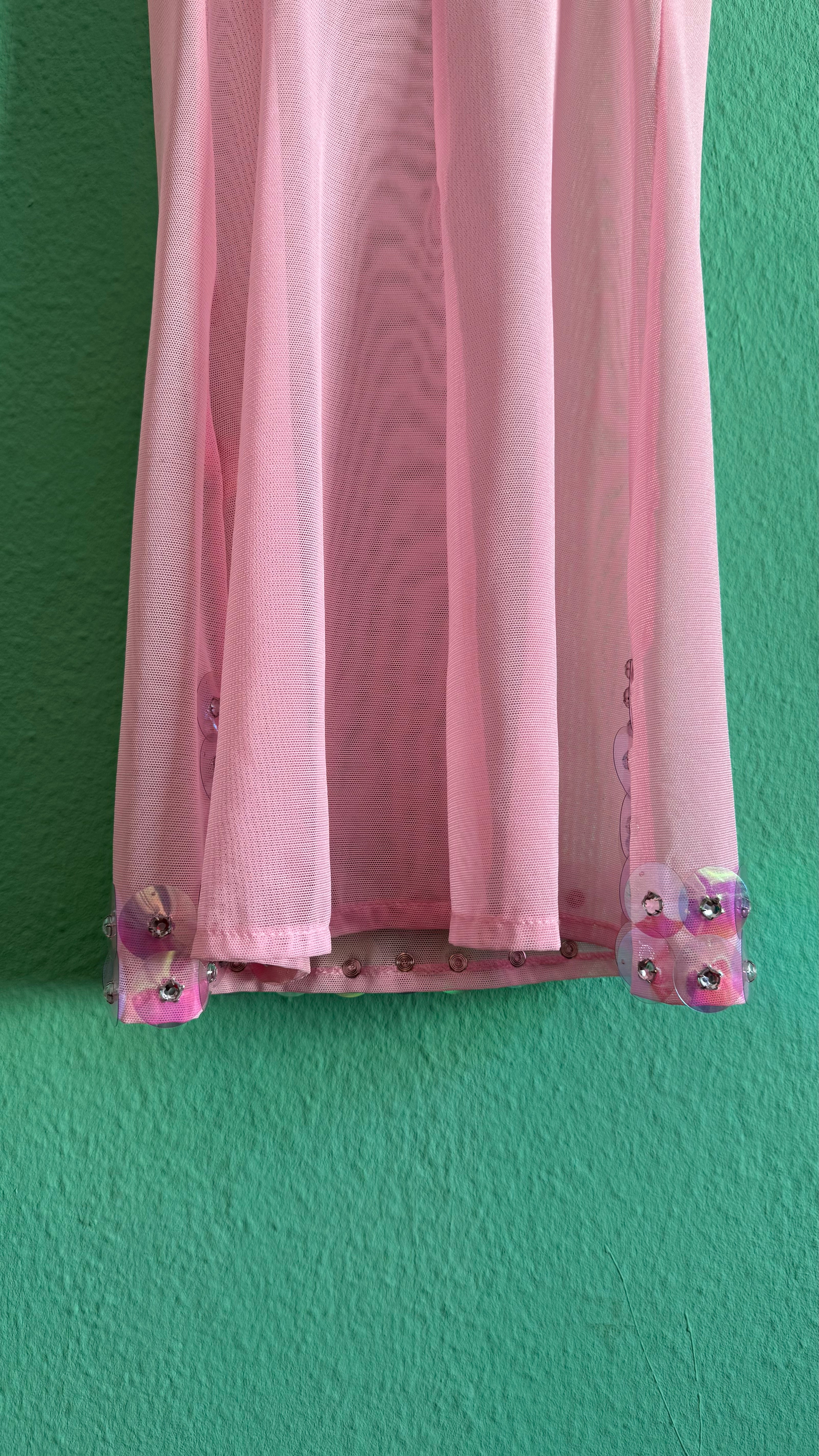 Vintage Estimated 1990s Pink Sequin Mesh Slip Dress