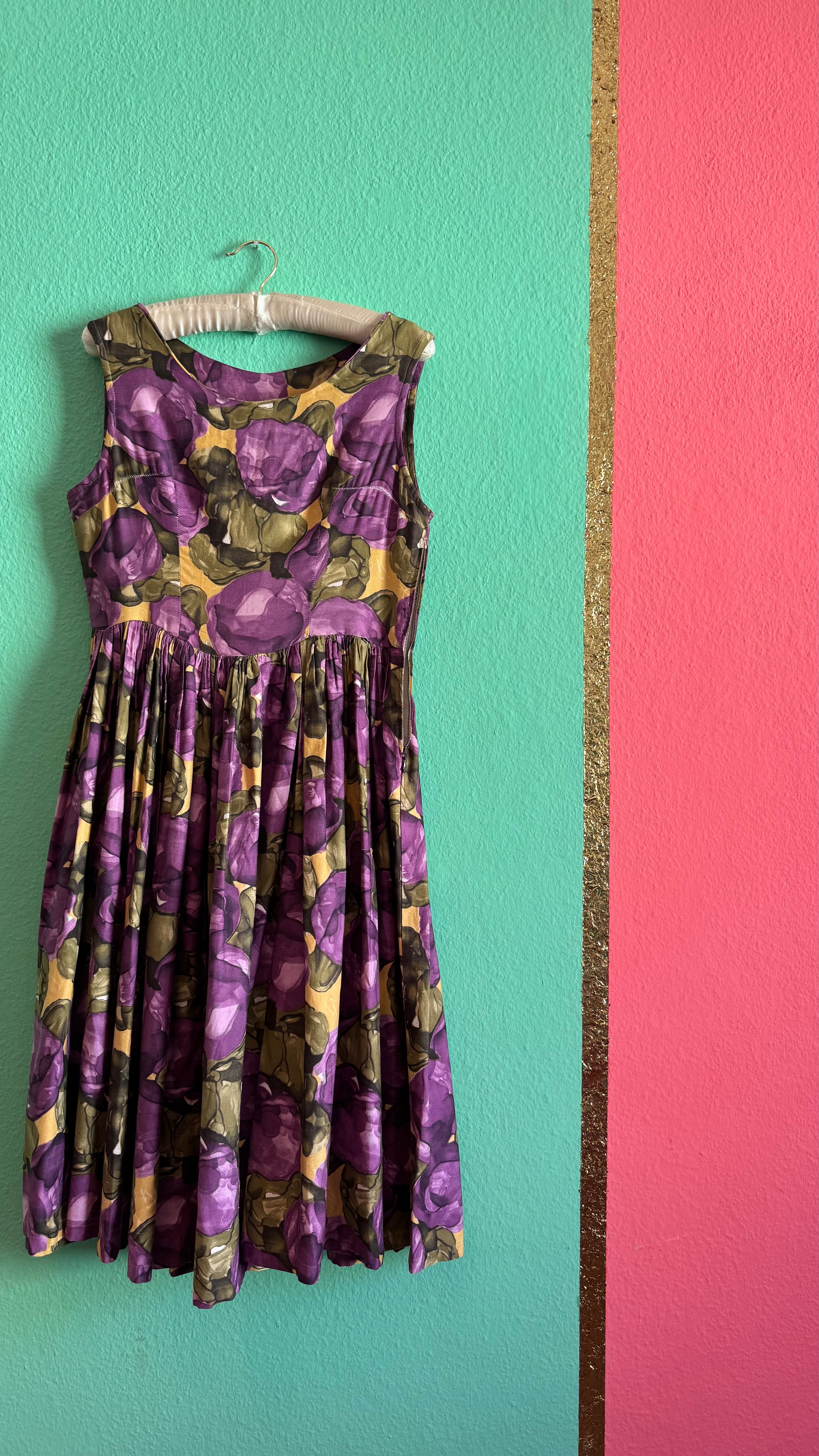 Vintage 1950s Purple Floral Cotton Dress