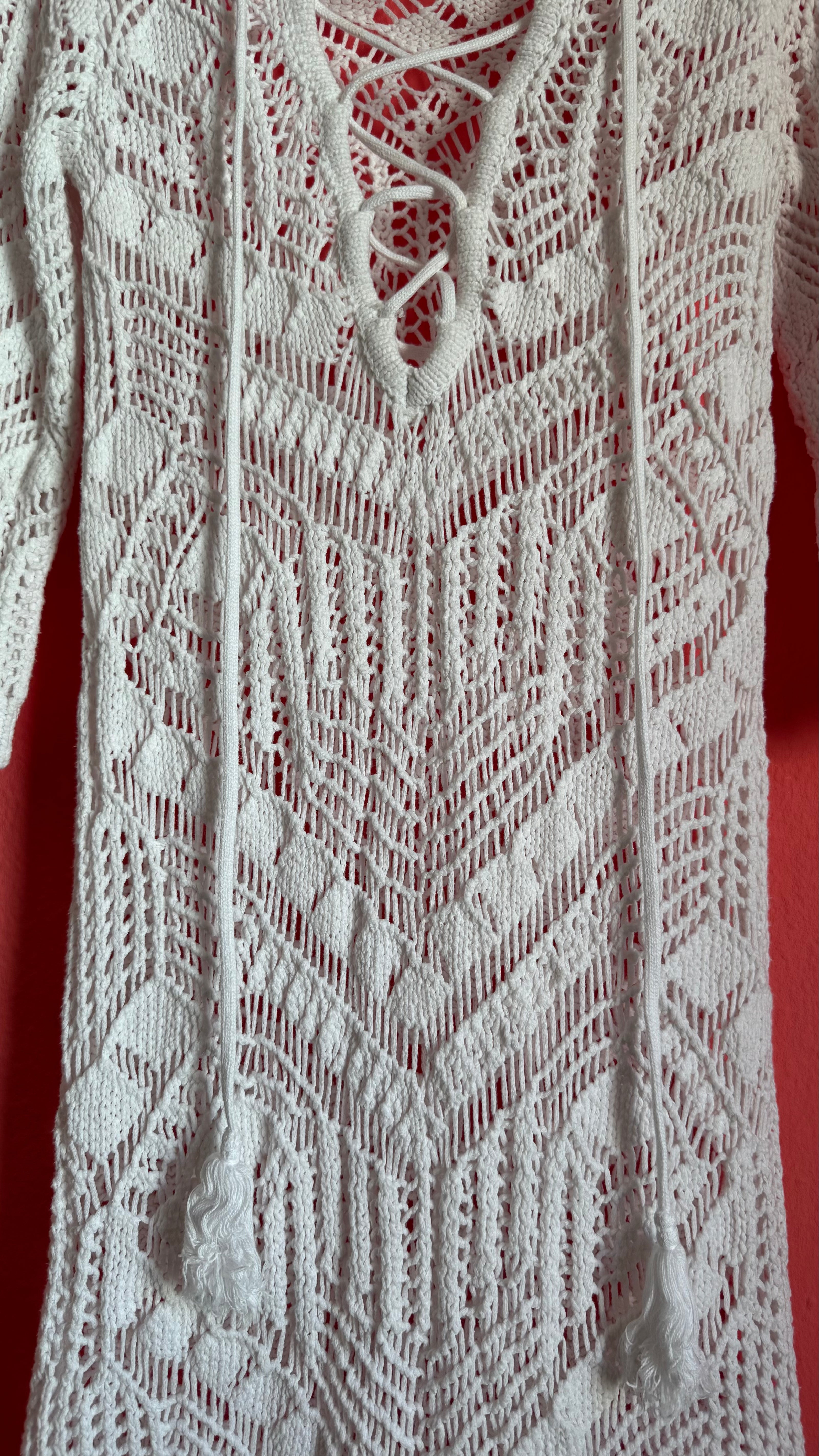 Vintage 1970s White Cotton Crochet Lace-Up Dress
