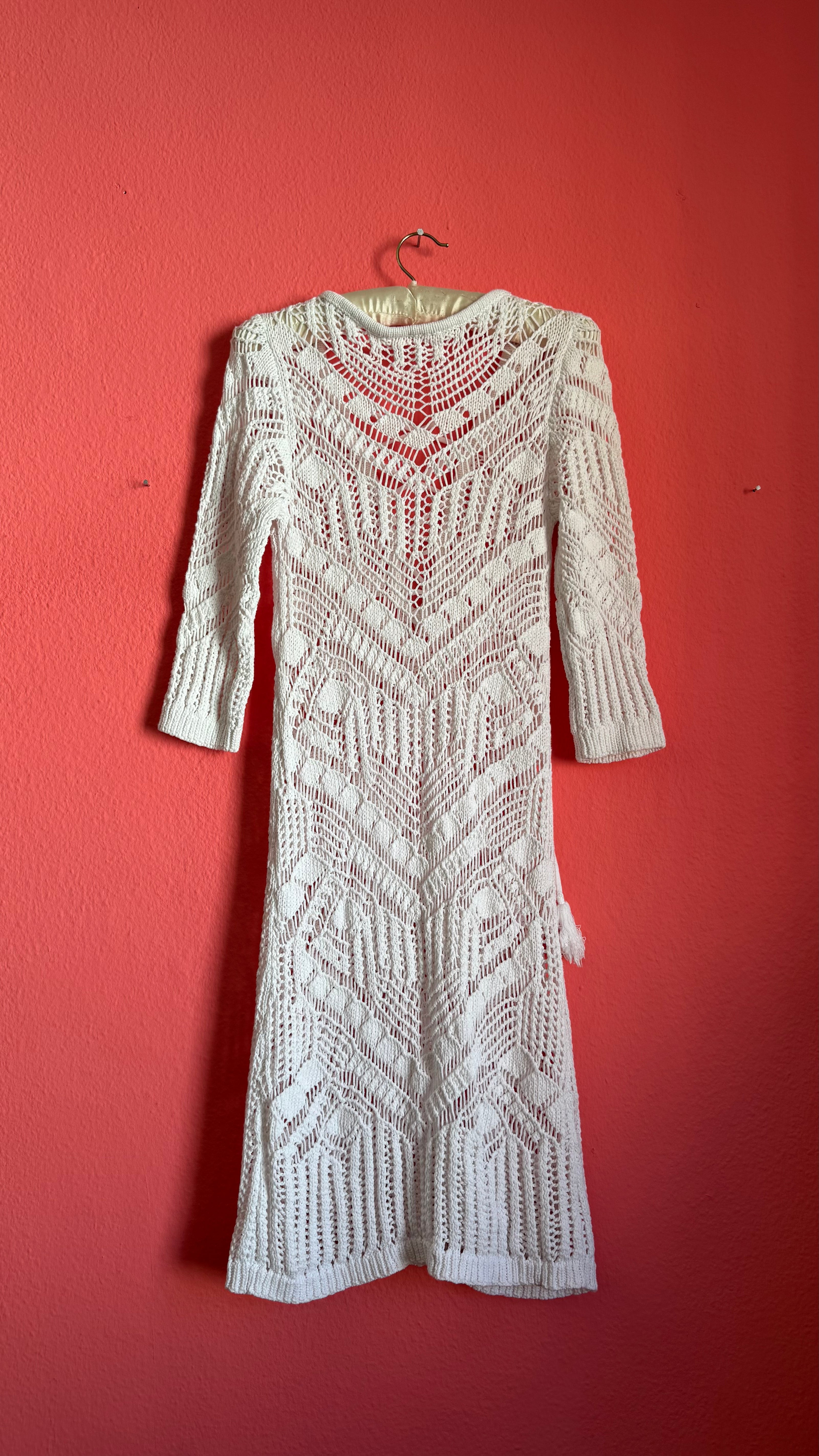Vintage 1970s White Cotton Crochet Lace-Up Dress