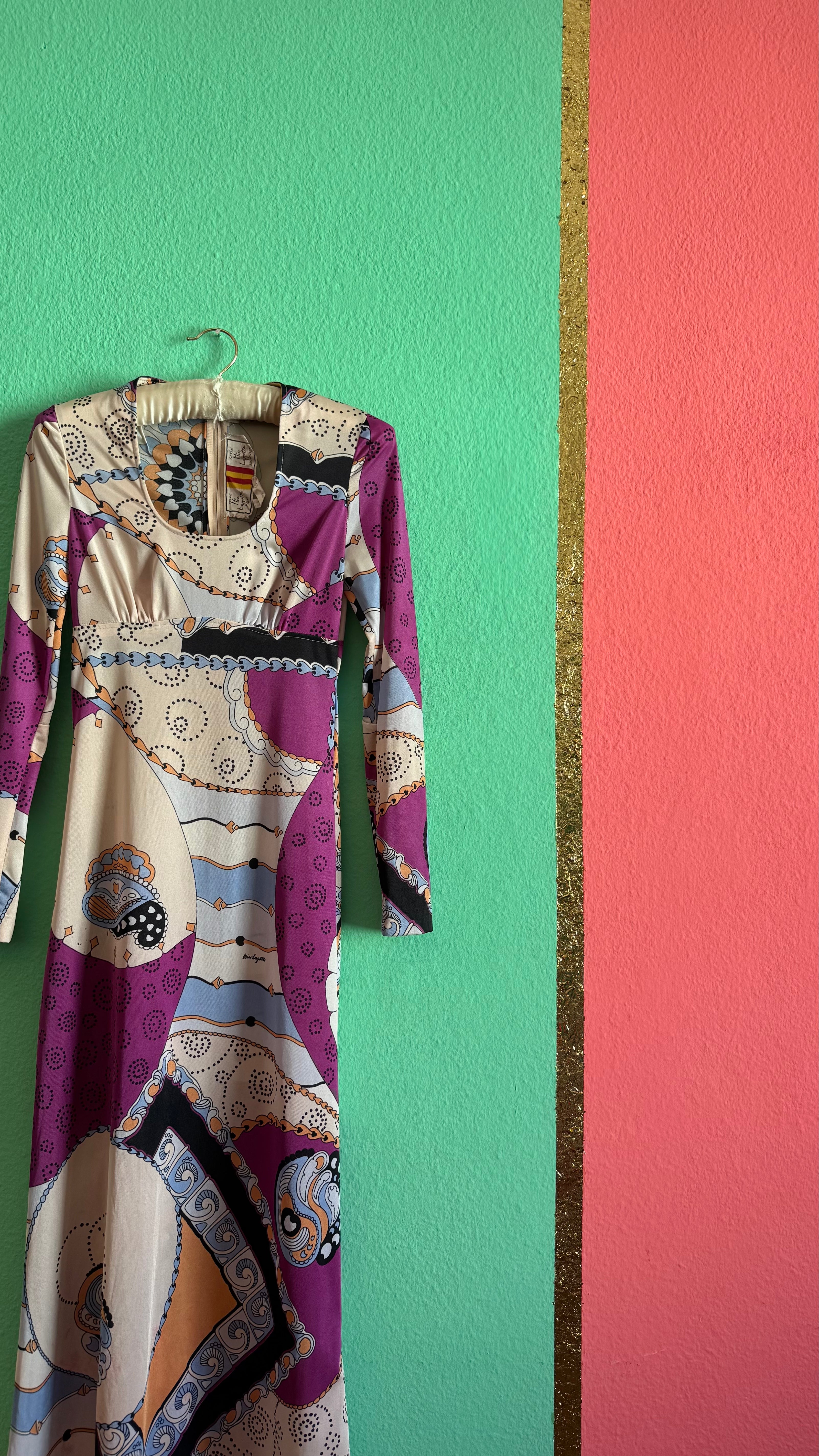 Vintage 1970s Miss Lagotte Purple Print Maxi Dress