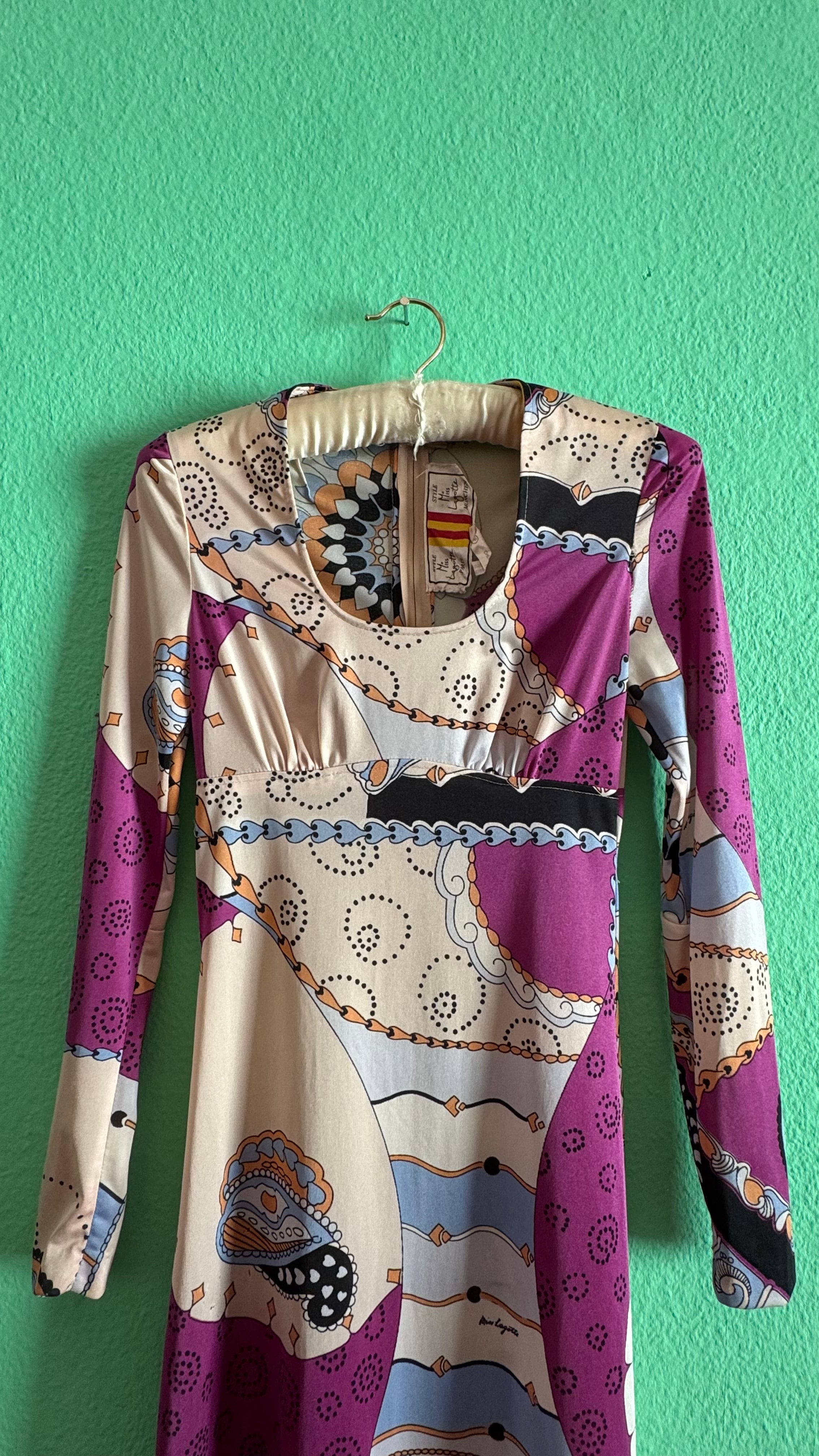 Vintage 1970s Miss Lagotte Purple Print Maxi Dress