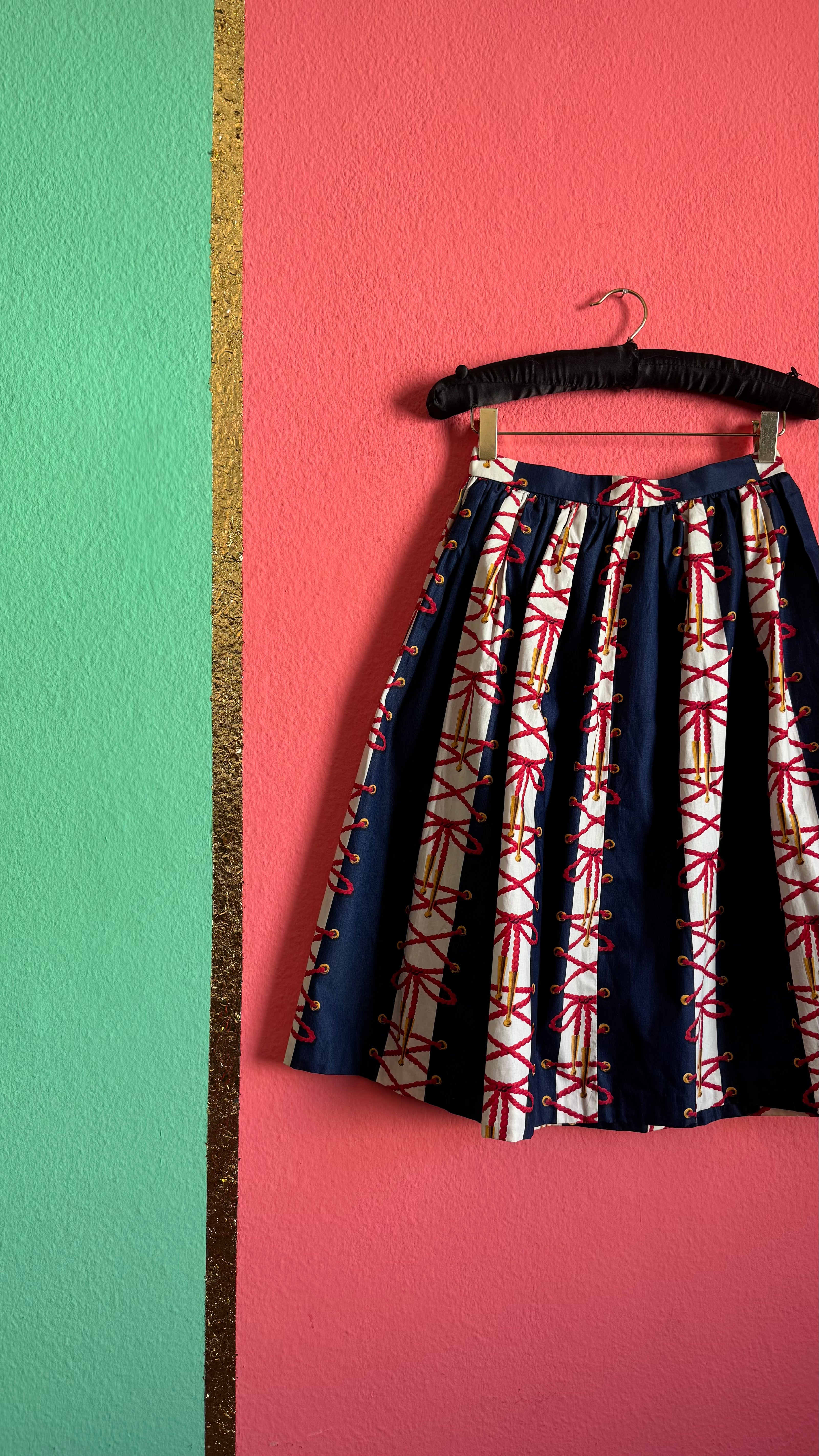 Vintage Estimated 1950s Navy Red Cotton Full Skirt