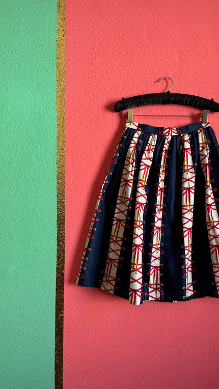 Vintage Estimated 1950s Navy Red Cotton Full Skirt