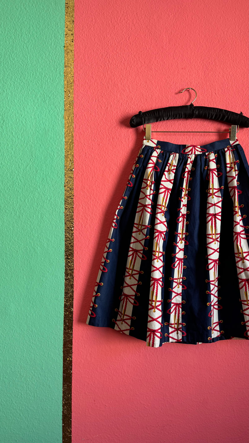 Vintage Estimated 1950s Navy Red Cotton Full Skirt