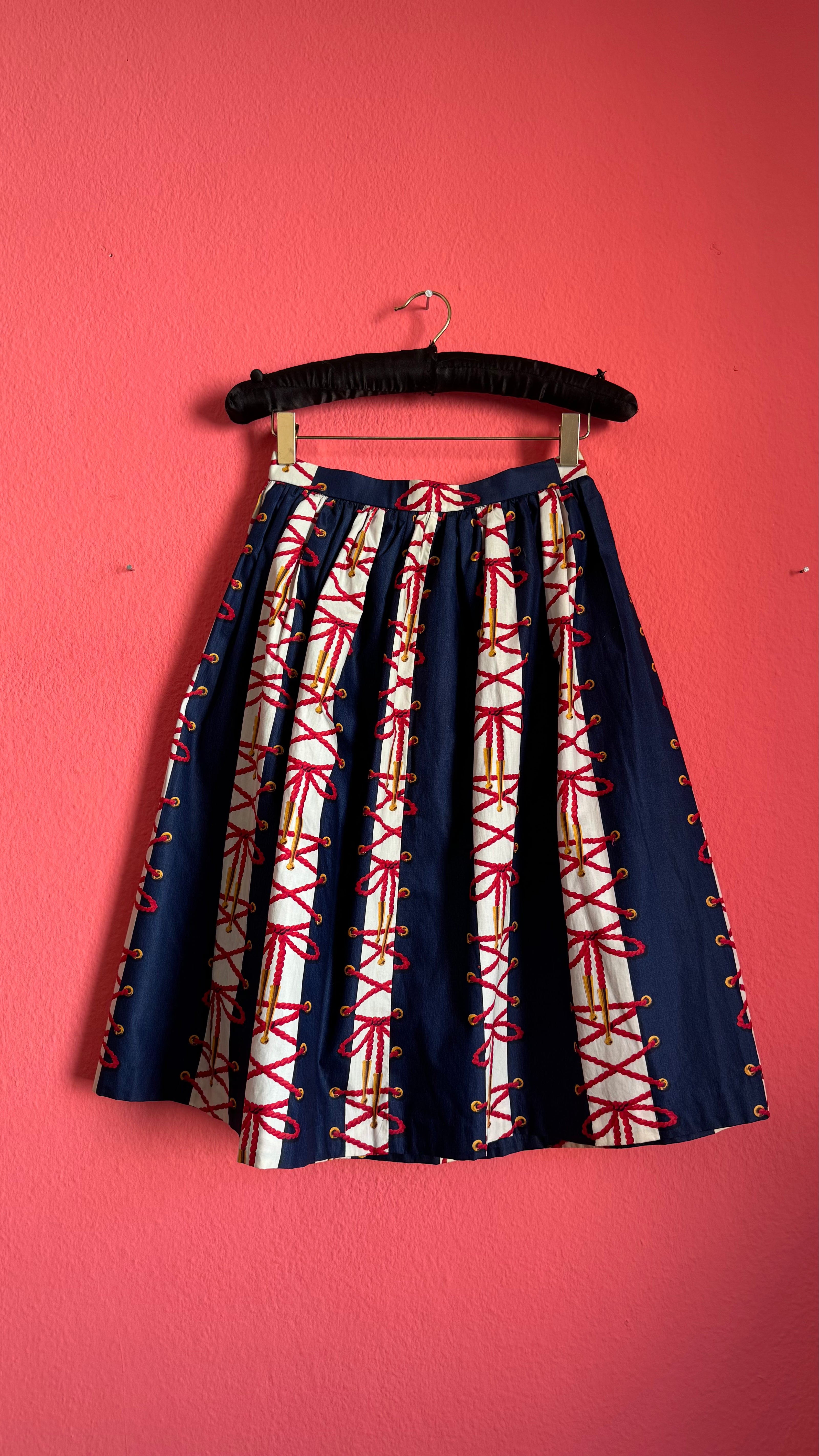 Vintage Estimated 1950s Navy Red Cotton Full Skirt
