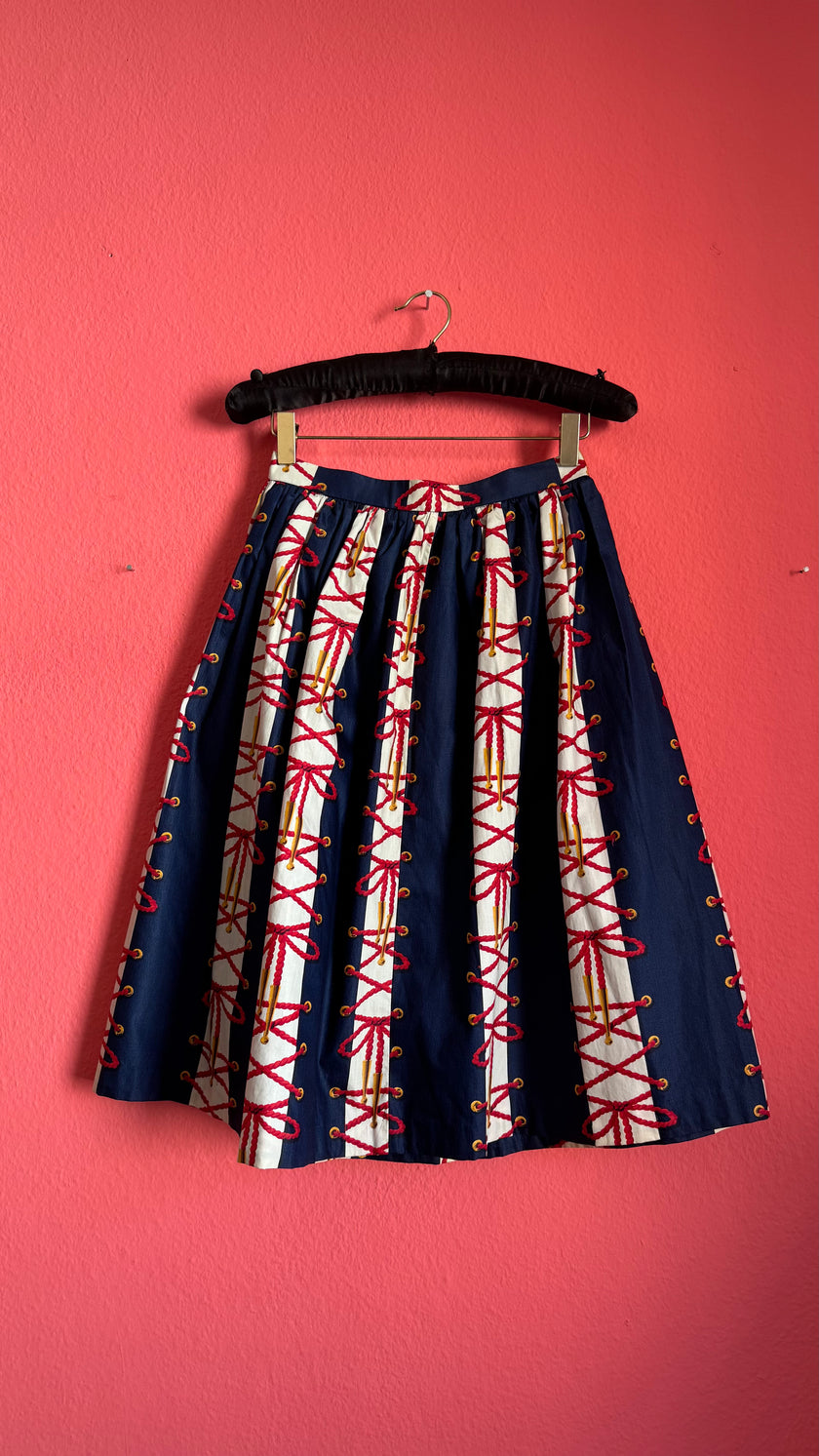 Vintage Estimated 1950s Navy Red Cotton Full Skirt