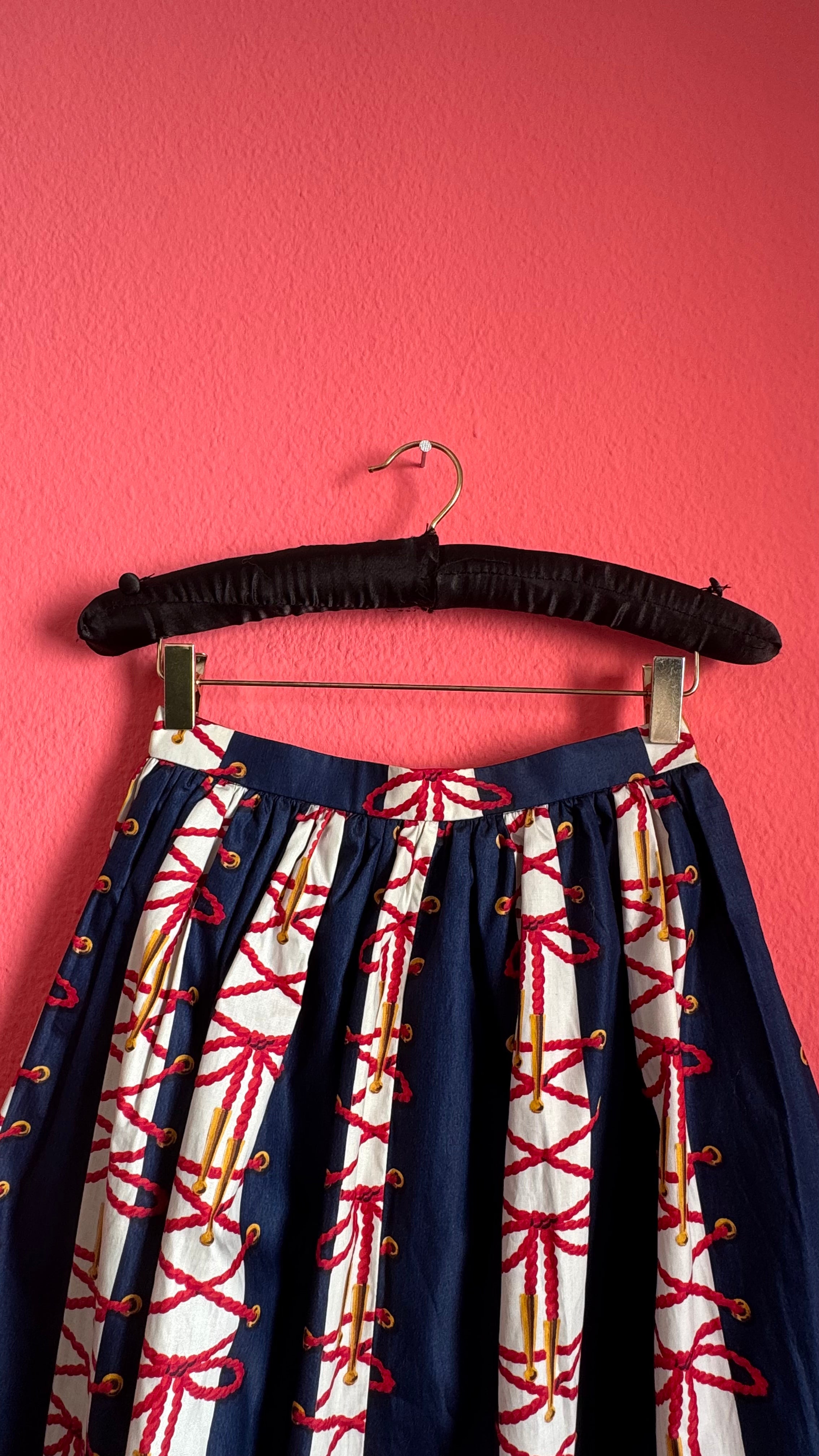 Vintage Estimated 1950s Navy Red Cotton Full Skirt