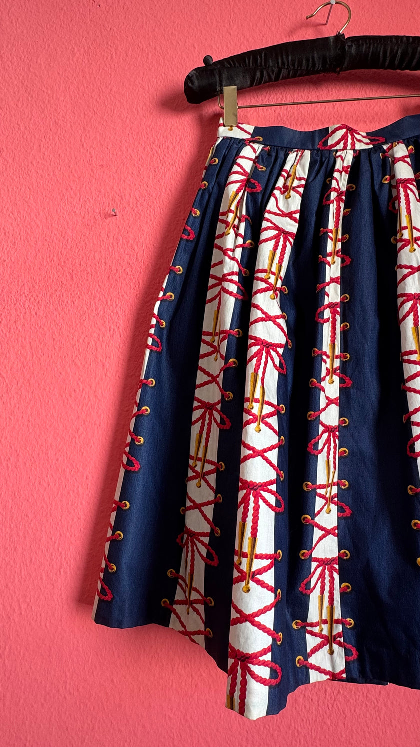 Vintage Estimated 1950s Navy Red Cotton Full Skirt