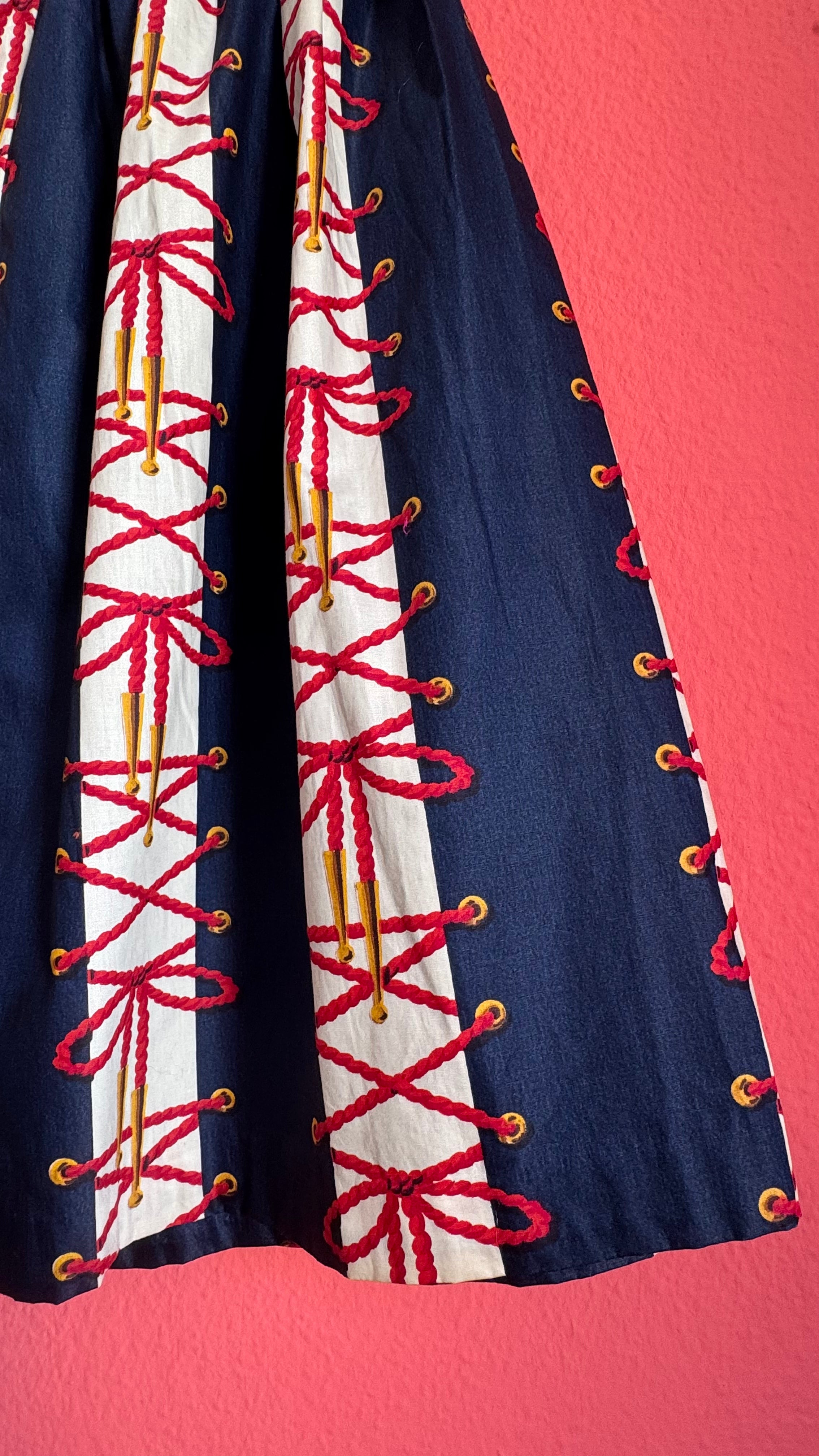 Vintage Estimated 1950s Navy Red Cotton Full Skirt