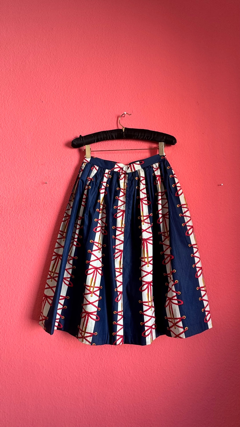 Vintage Estimated 1950s Navy Red Cotton Full Skirt