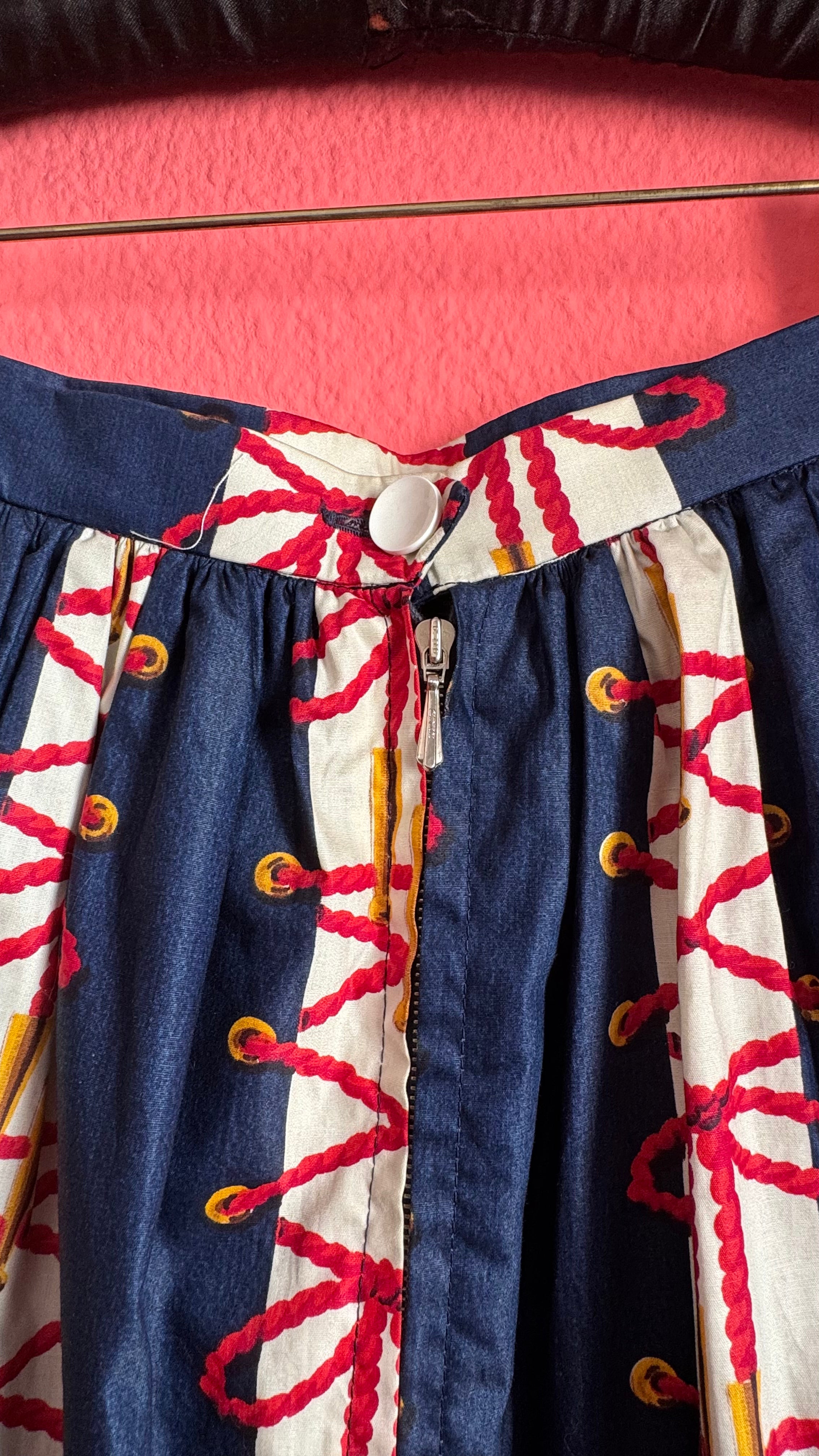 Vintage Estimated 1950s Navy Red Cotton Full Skirt