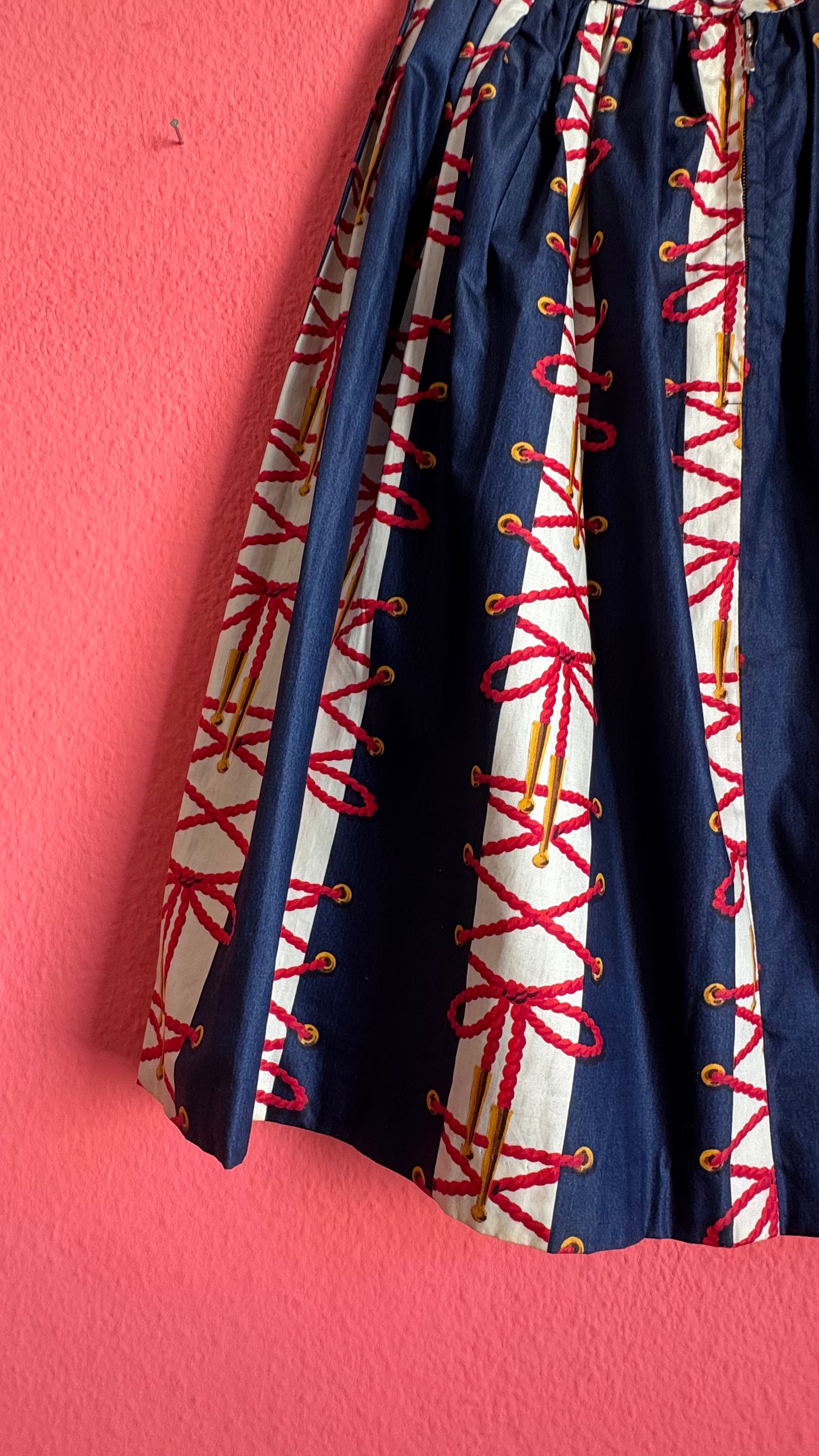 Vintage Estimated 1950s Navy Red Cotton Full Skirt