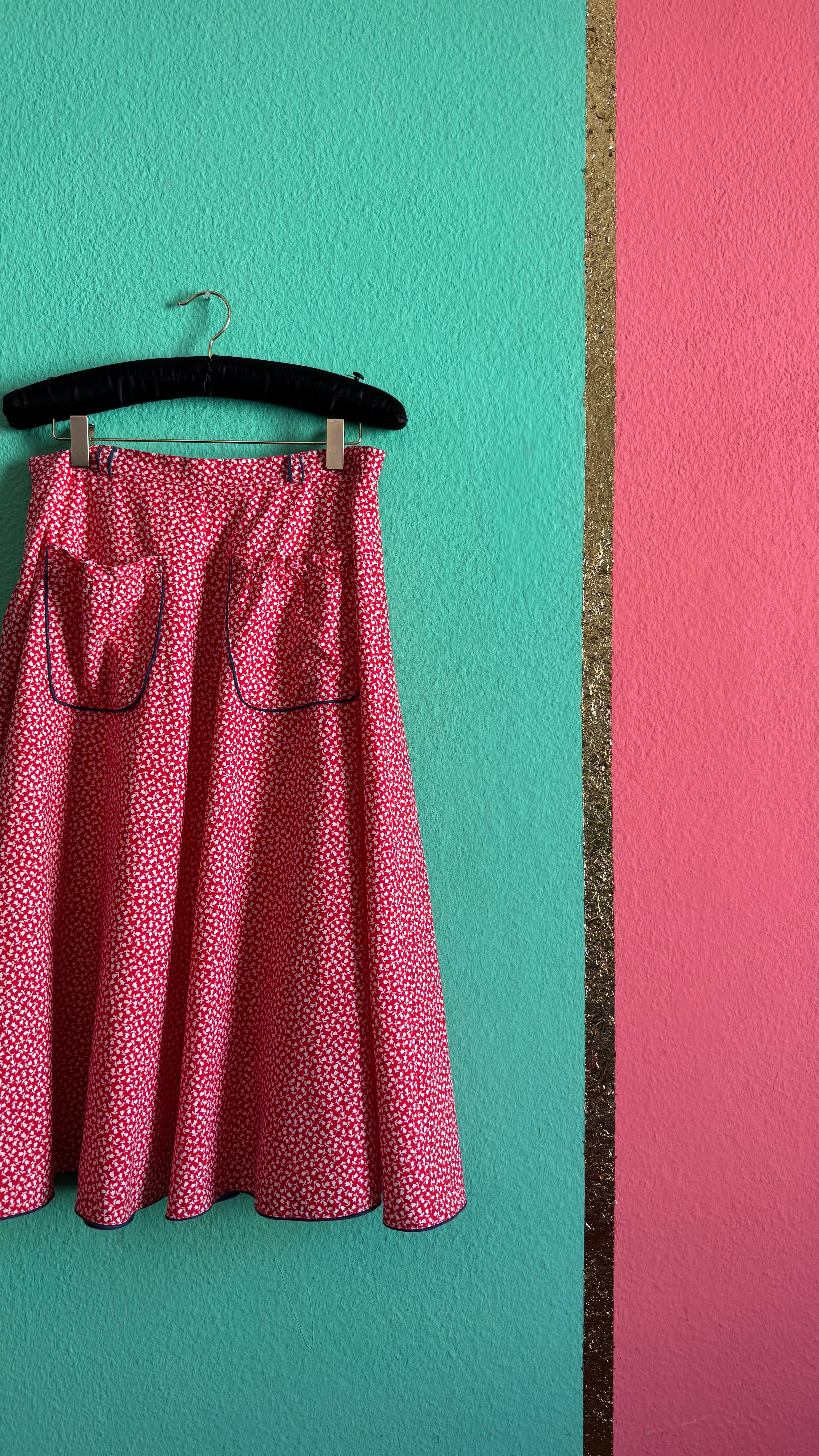 Vintage 1970s Red Floral Cotton Midi Skirt