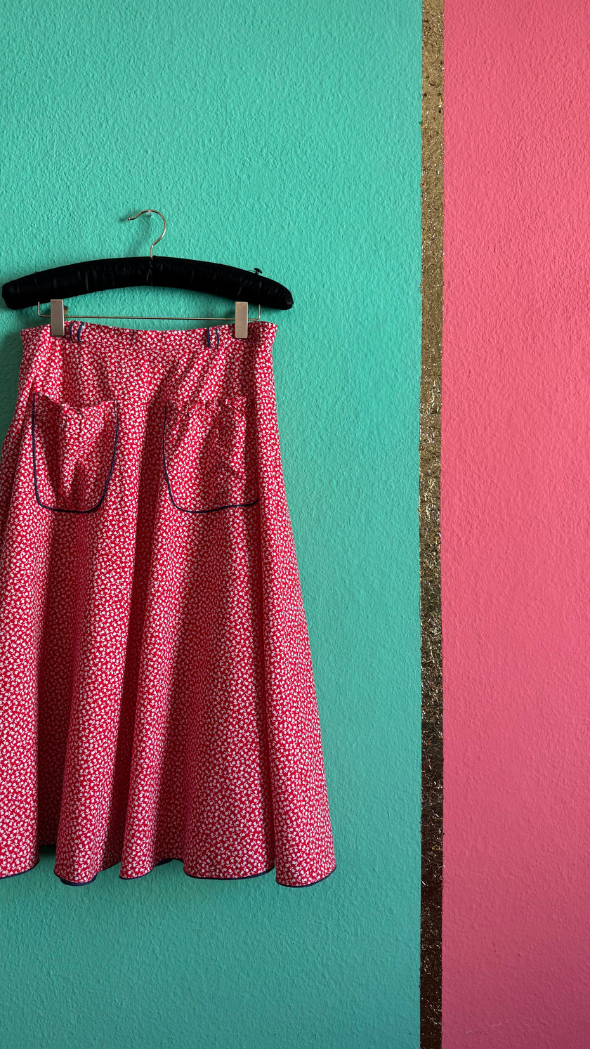 Vintage 1970s Red Floral Cotton Midi Skirt