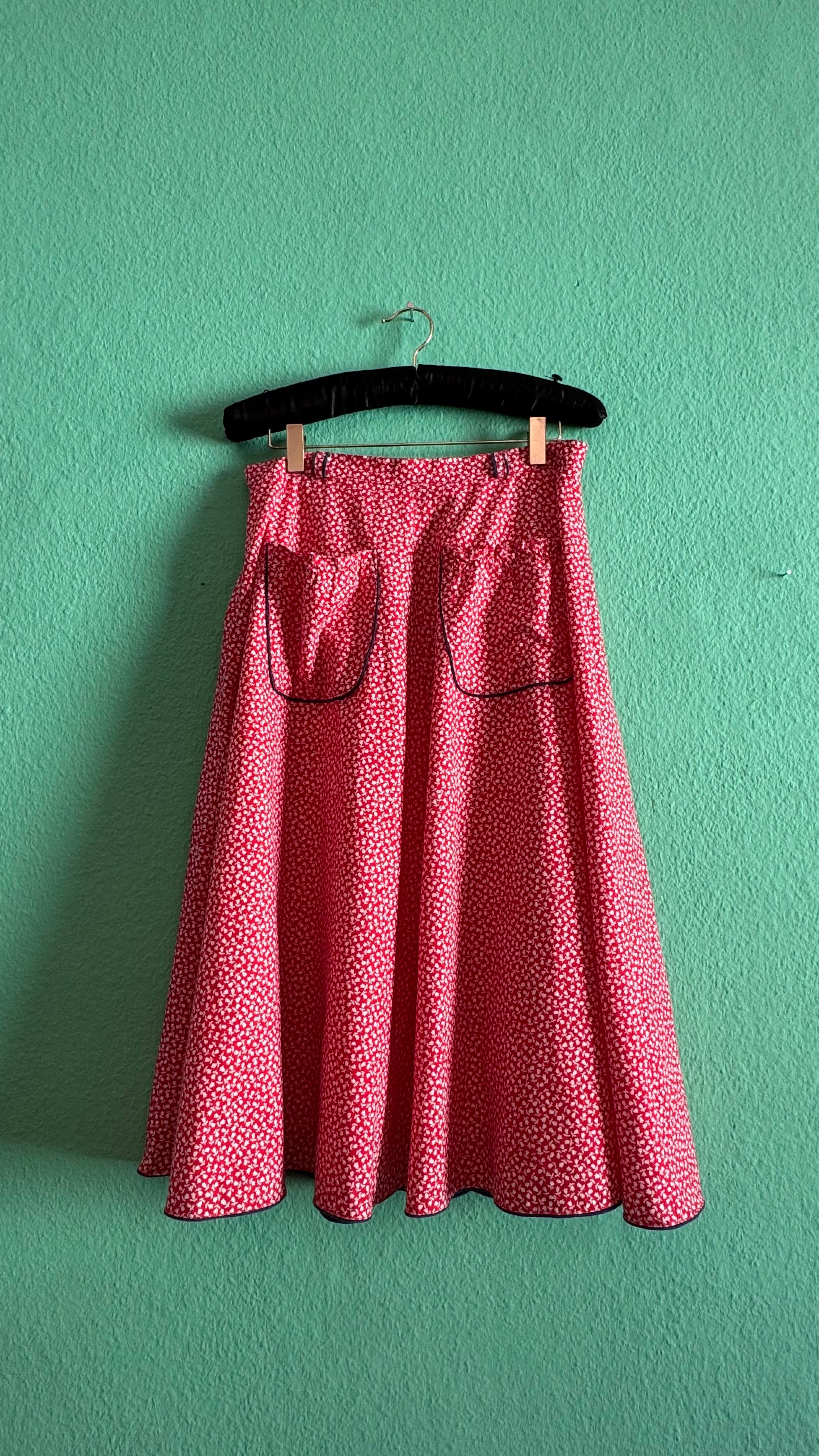 Vintage 1970s Red Floral Cotton Midi Skirt