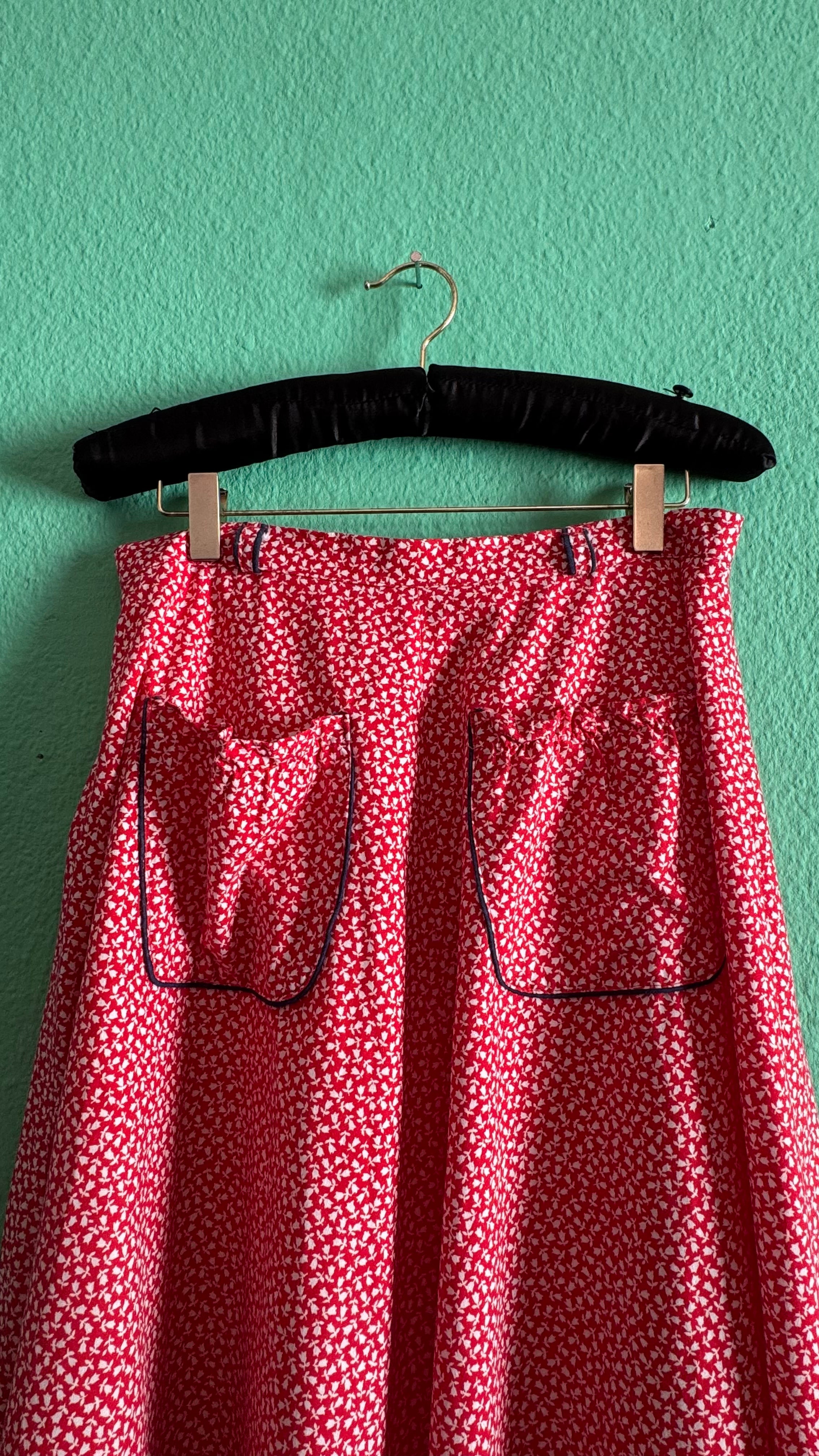 Vintage 1970s Red Floral Cotton Midi Skirt