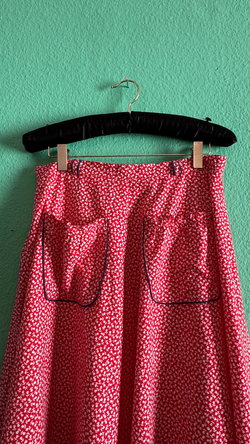 Vintage 1970s Red Floral Cotton Midi Skirt