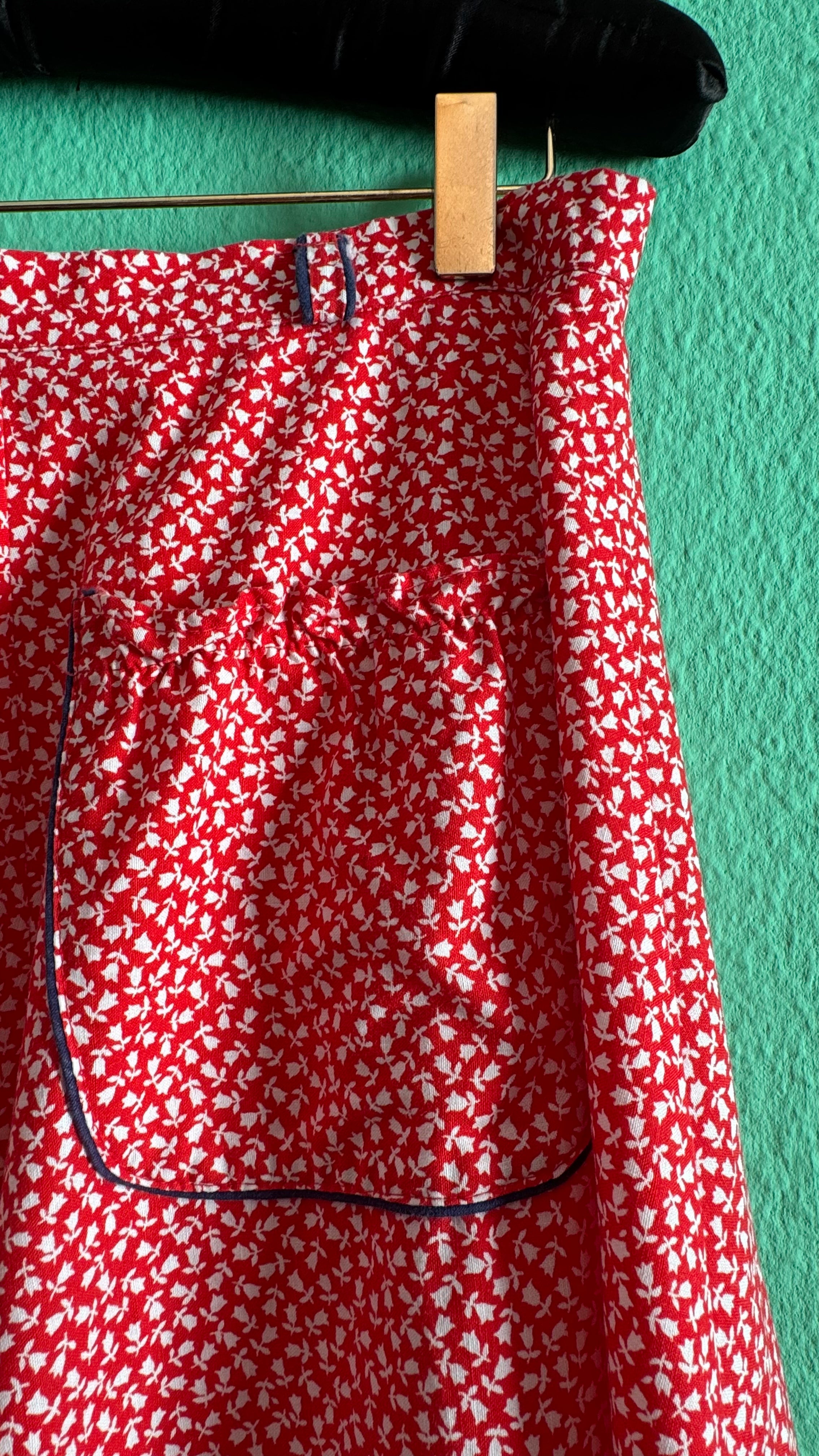 Vintage 1970s Red Floral Cotton Midi Skirt