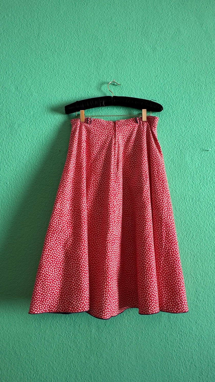 Vintage 1970s Red Floral Cotton Midi Skirt