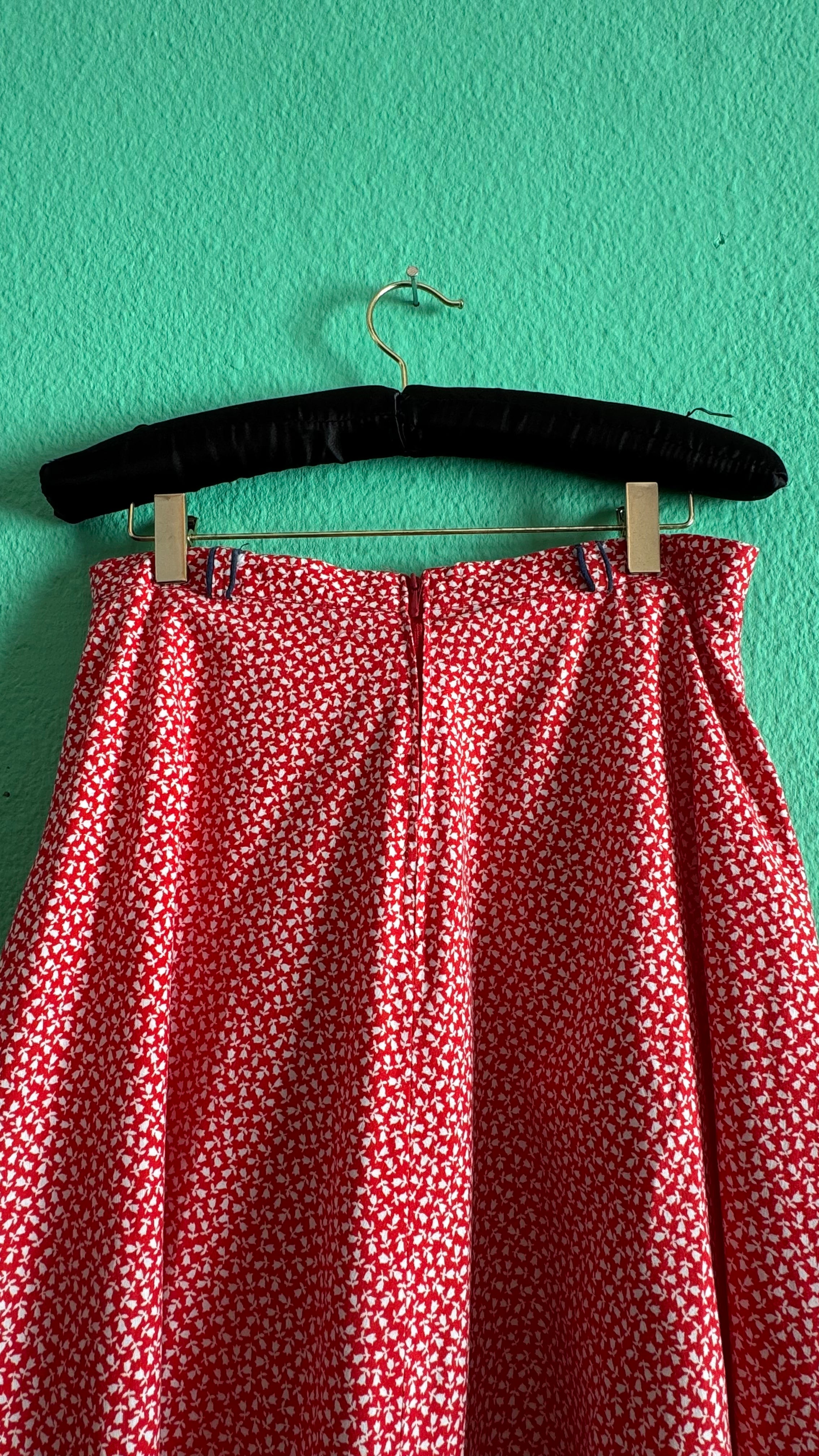 Vintage 1970s Red Floral Cotton Midi Skirt