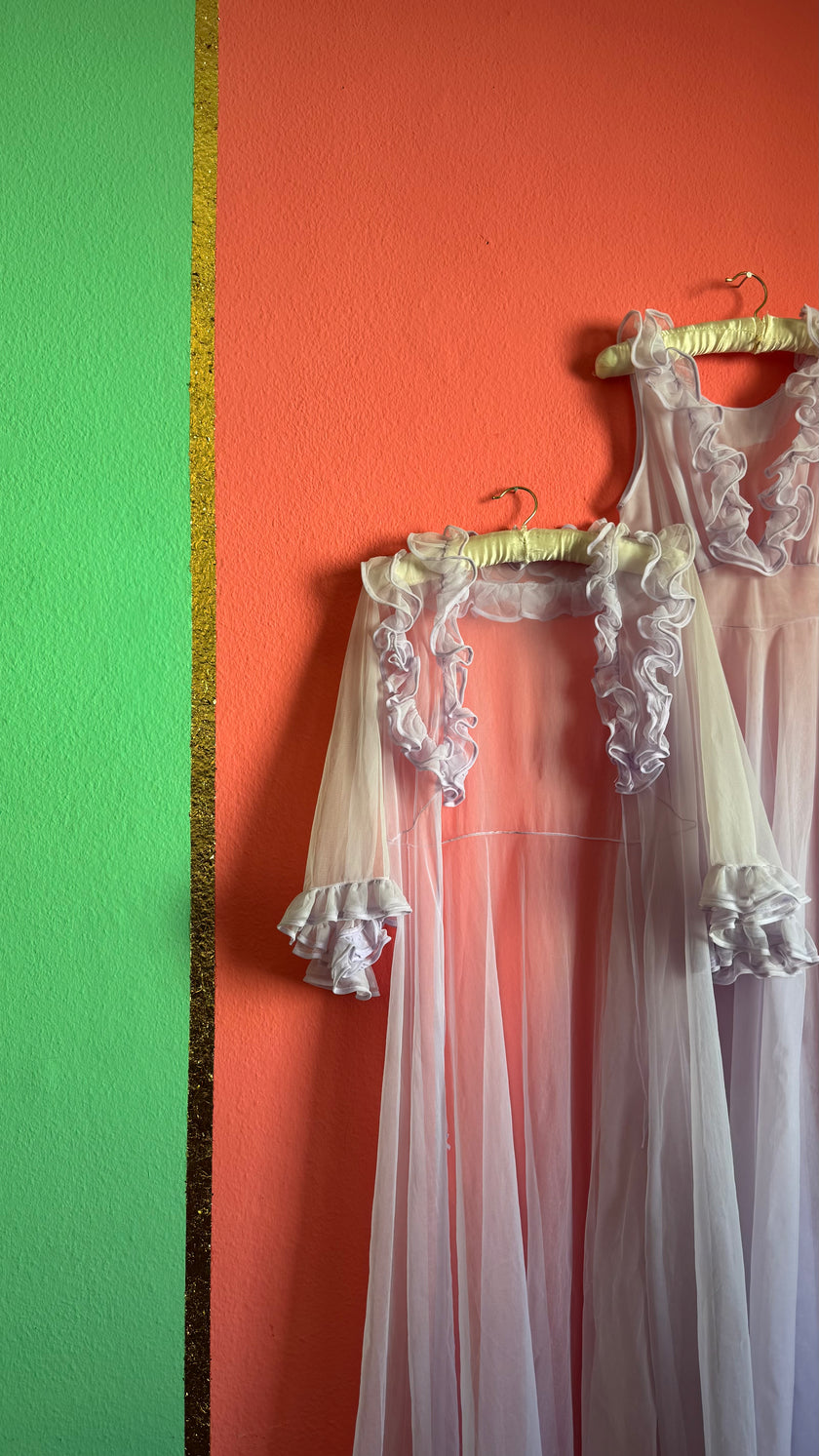 Vintage 1960s Pale Pink Ruffle Nightgown Set
